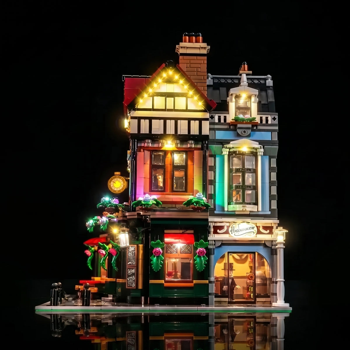 LEGO® Icons Tudor Corner #10350 — showcase lighting view (RGB LED light kit)