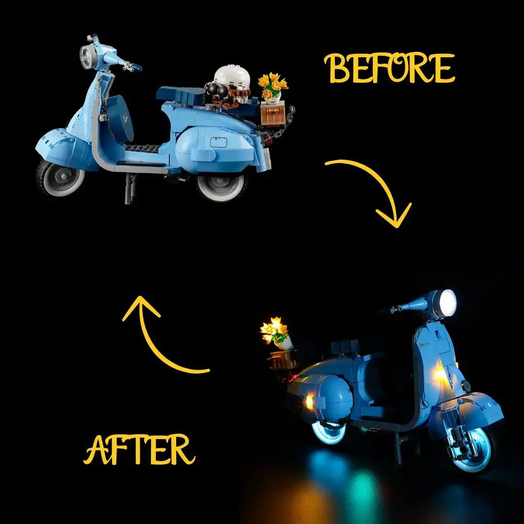 LEGO Icons Vespa 1225 #10298 illuminated at night
