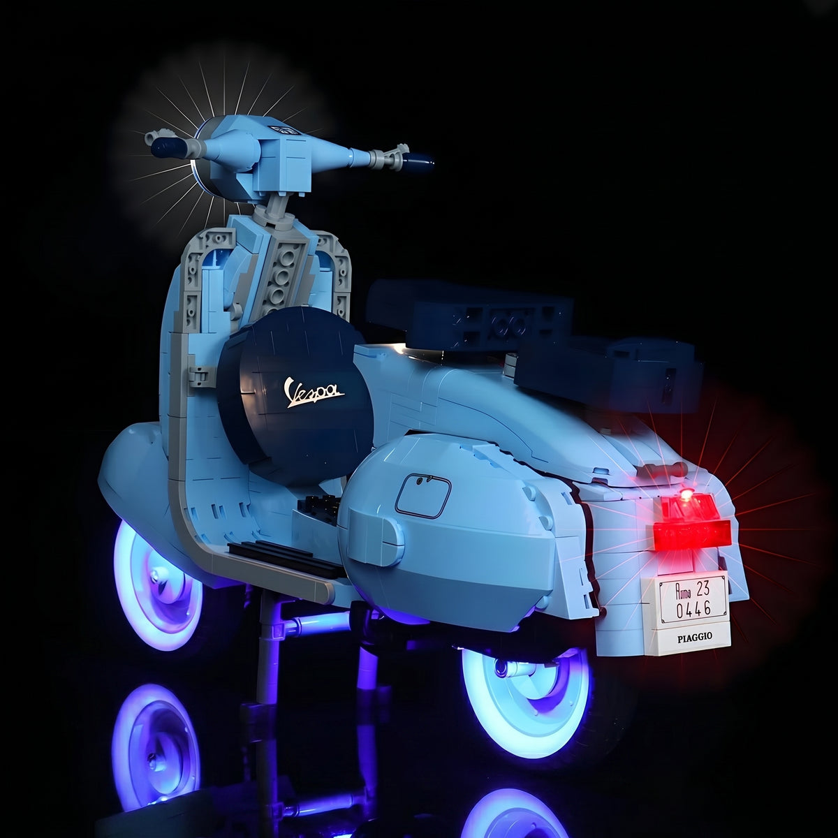 RGB LED light kit for LEGO® Icons Vespa 1225 #10298, before-and-after lighting