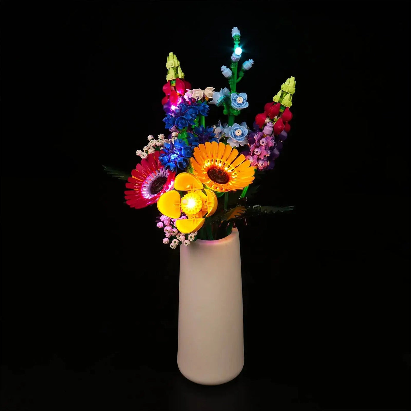 LEGO® Icons Wildflower Bouquet #10313 night-mode display glow, with the USB-powered LED light kit