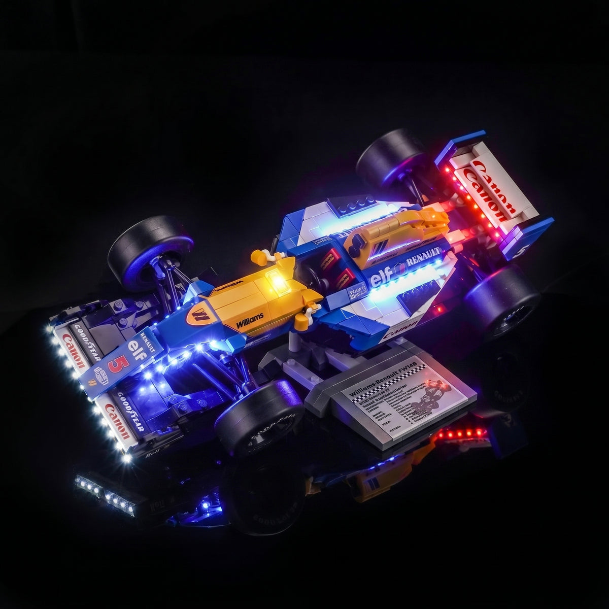 LEGO® Icons Williams Racing FW14B & Nigel Mansell #10353 night-mode display glow, with the DIY LED light kit