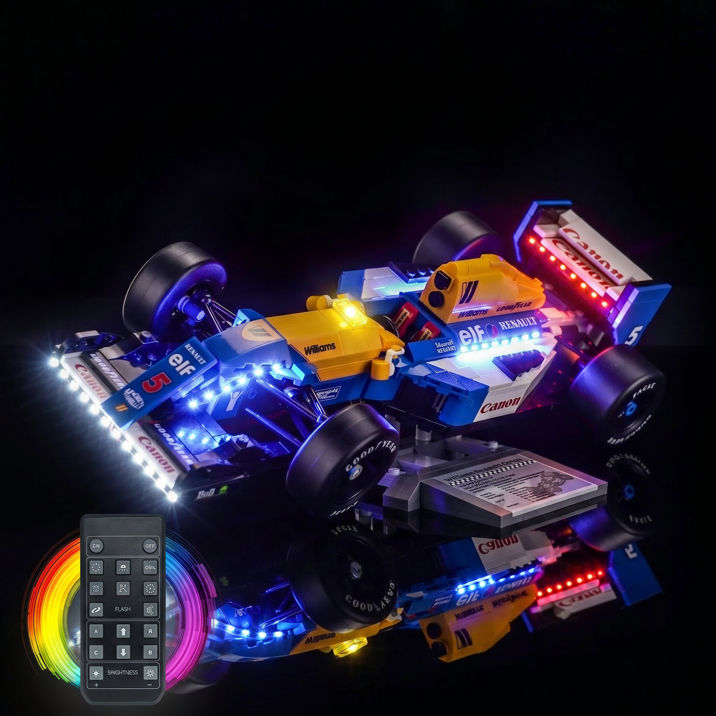 LEGO® Icons Williams Racing FW14B & Nigel Mansell #10353 LED kit powered on, with the LED lights