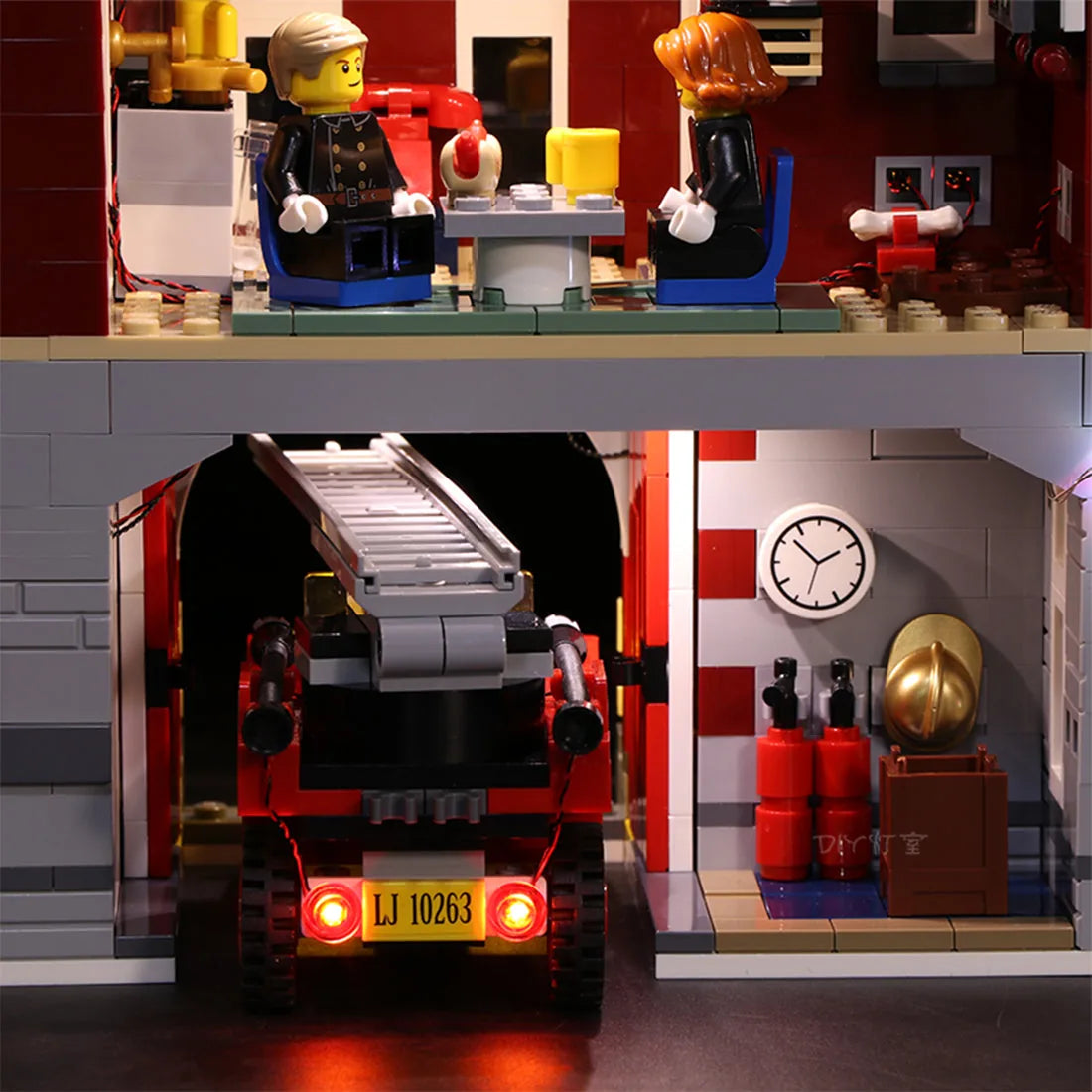 USB-powered LED light kit for LEGO® Icons Winter Village Fire Station #10263, front view fully lit