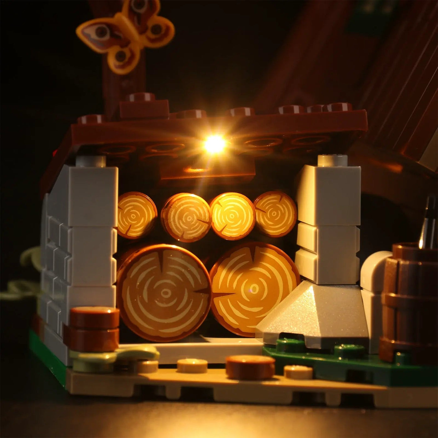 brightened interior detail: Bright My Bricks RGB LED light kit for LEGO® Ideas A-Frame Cabin #21338
