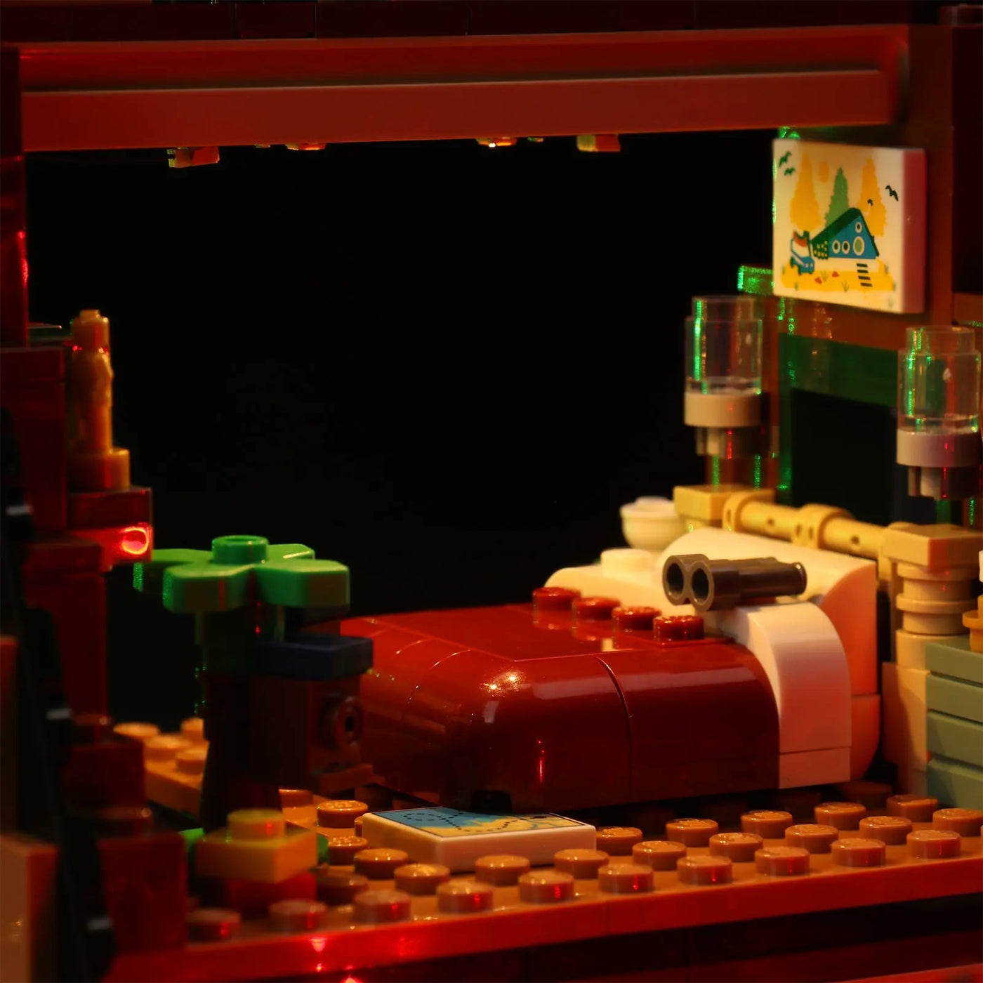 LEGO® Ideas A-Frame Cabin #21338 — installed and glowing (LED light kit)