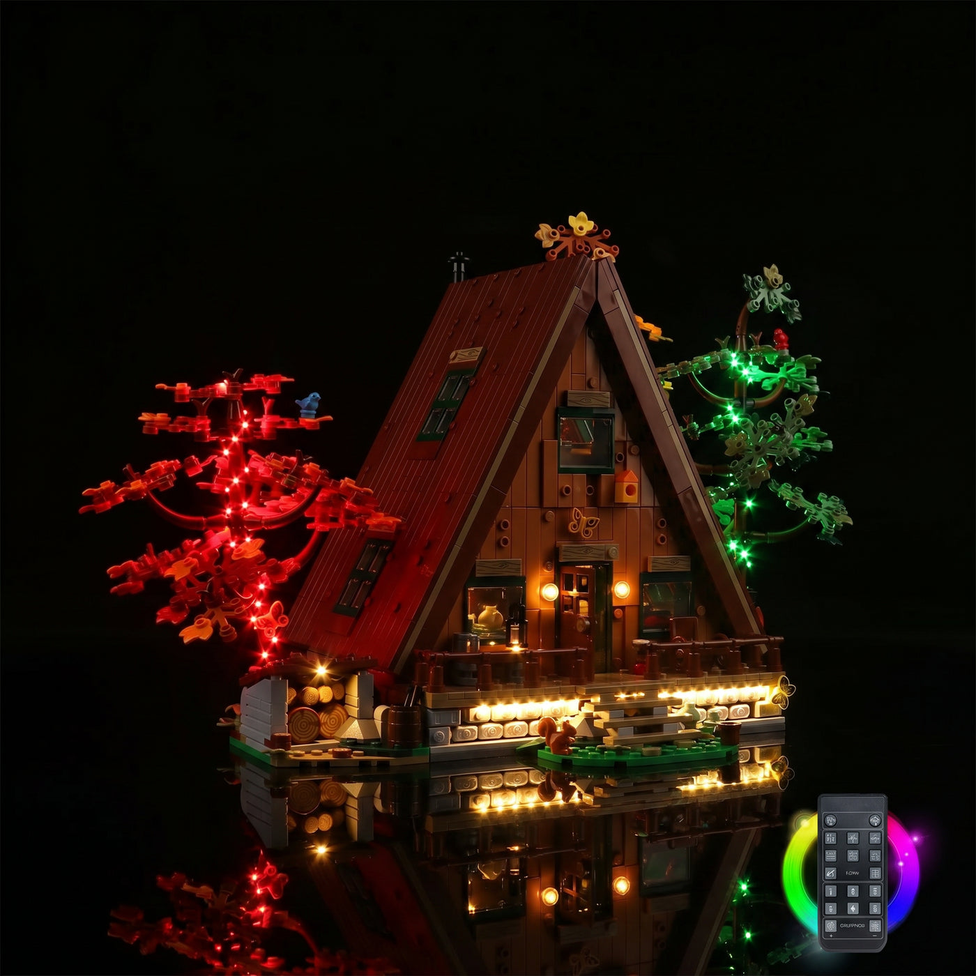 LED light kit for LEGO® Ideas A-Frame Cabin #21338, fully illuminated on display