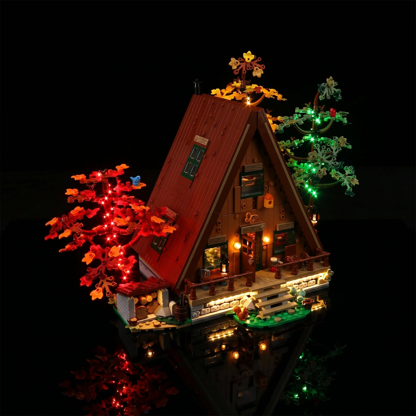 close-up of the LED lighting detail: Bright My Bricks display light kit for LEGO® Ideas A-Frame Cabin #21338