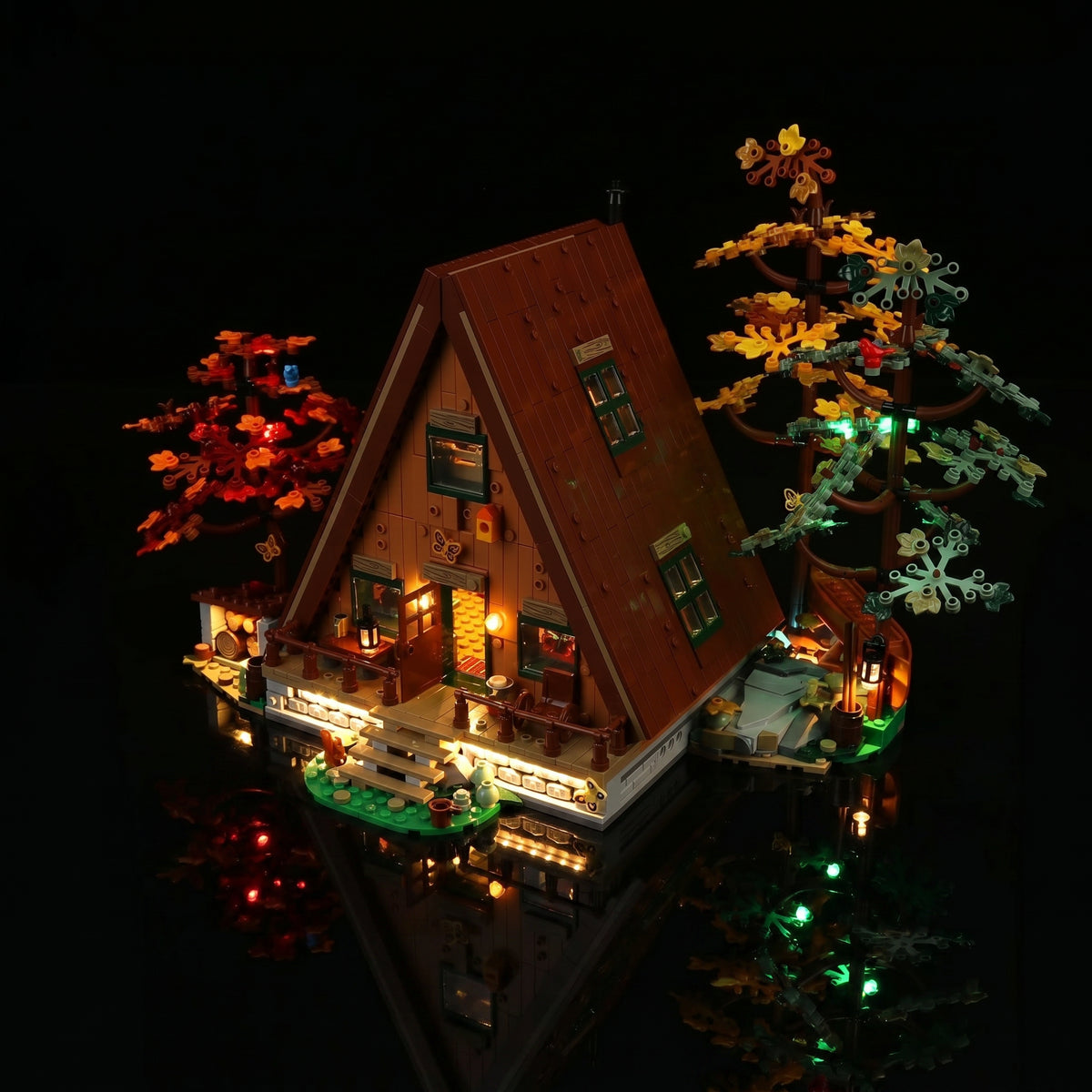 LEGO® Ideas A-Frame Cabin #21338 lighting effect on the build, with the premium LED light kit