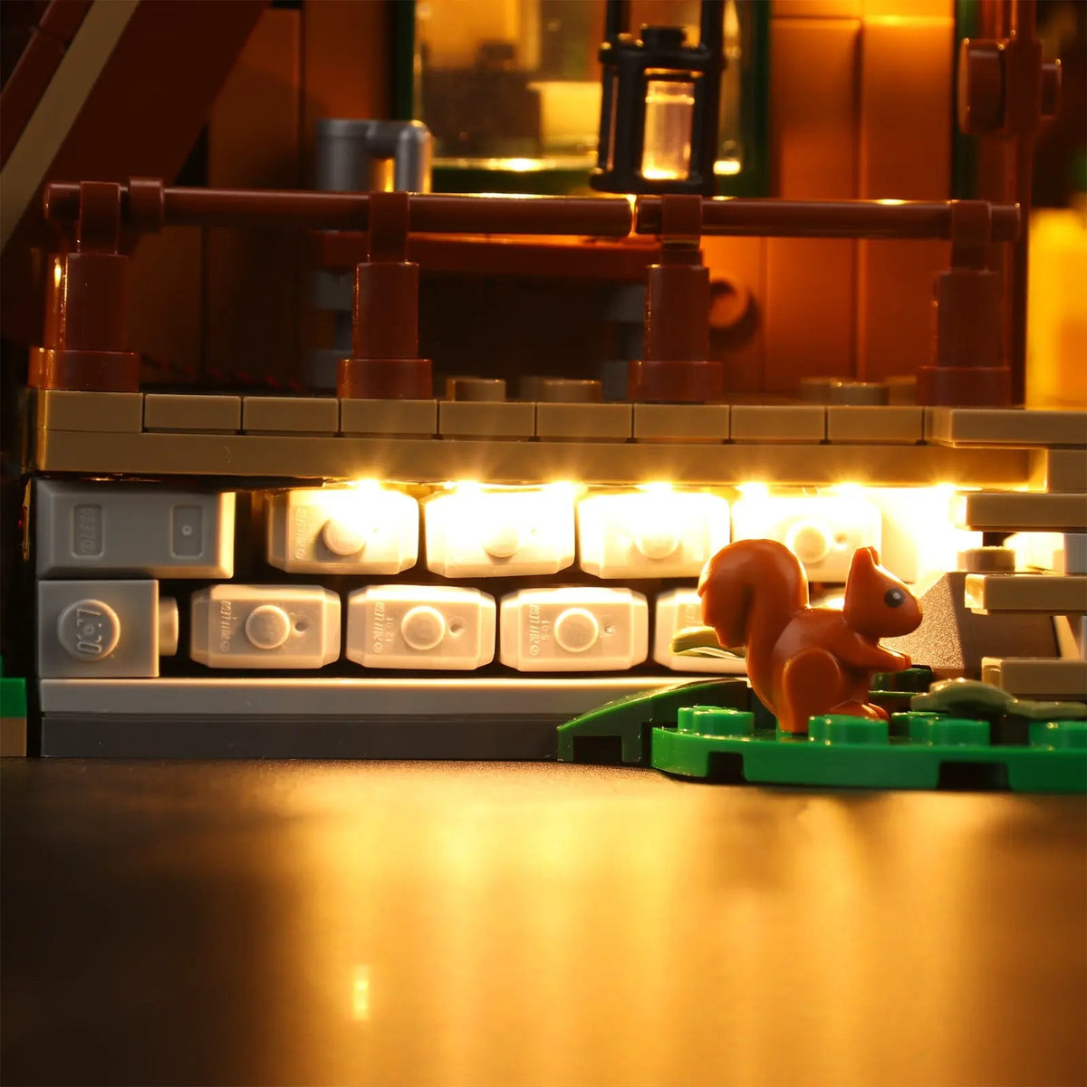 LEGO® Ideas A-Frame Cabin #21338 lighting effect on the build, with the LED light kit