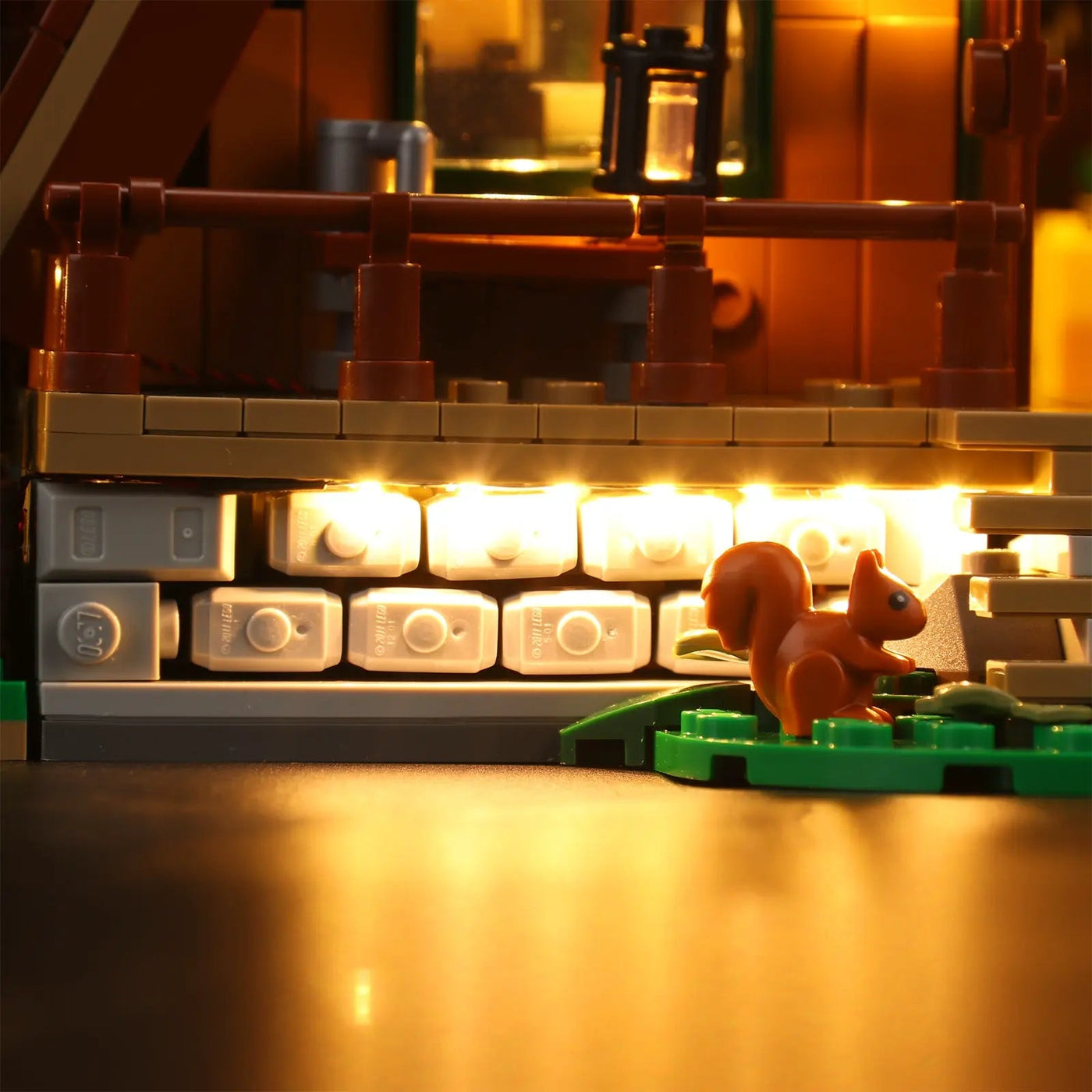 LEGO® Ideas A-Frame Cabin #21338 lighting effect on the build, with the LED light kit