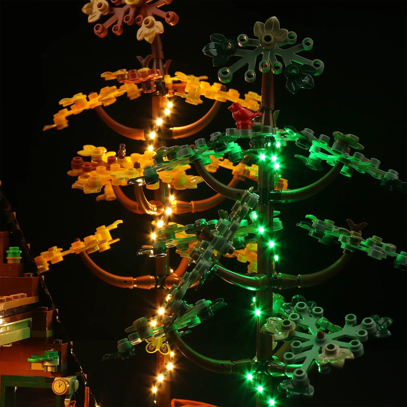 LED kit powered on: Bright My Bricks LED lights for LEGO® Ideas A-Frame Cabin #21338
