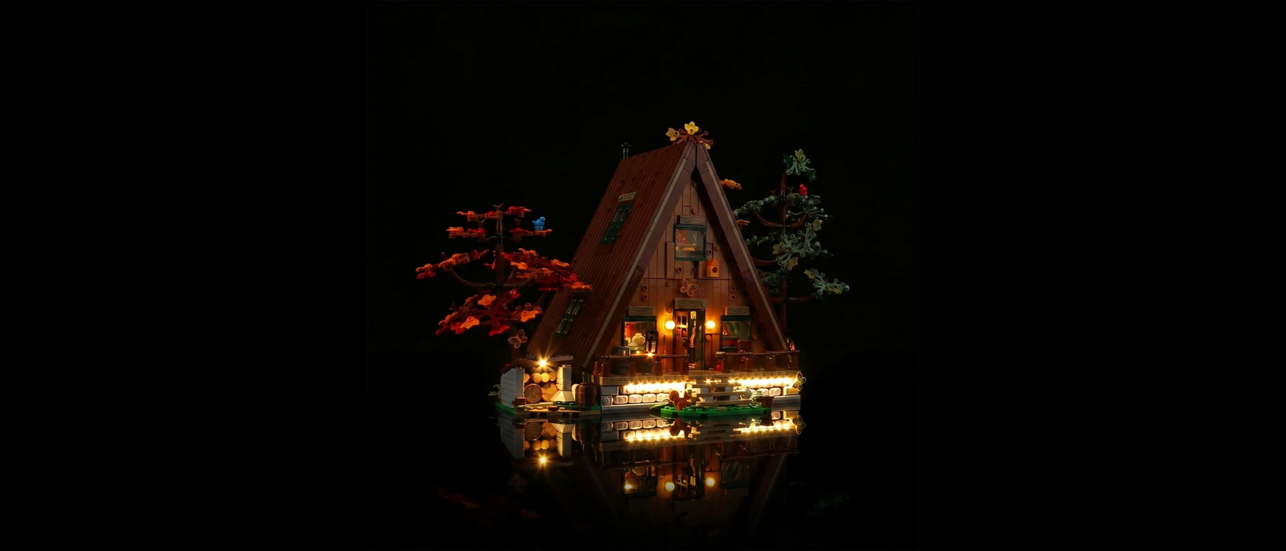 Light Kit for LEGO® Ideas A-Frame Cabin #21338 — lit with the LED light kit