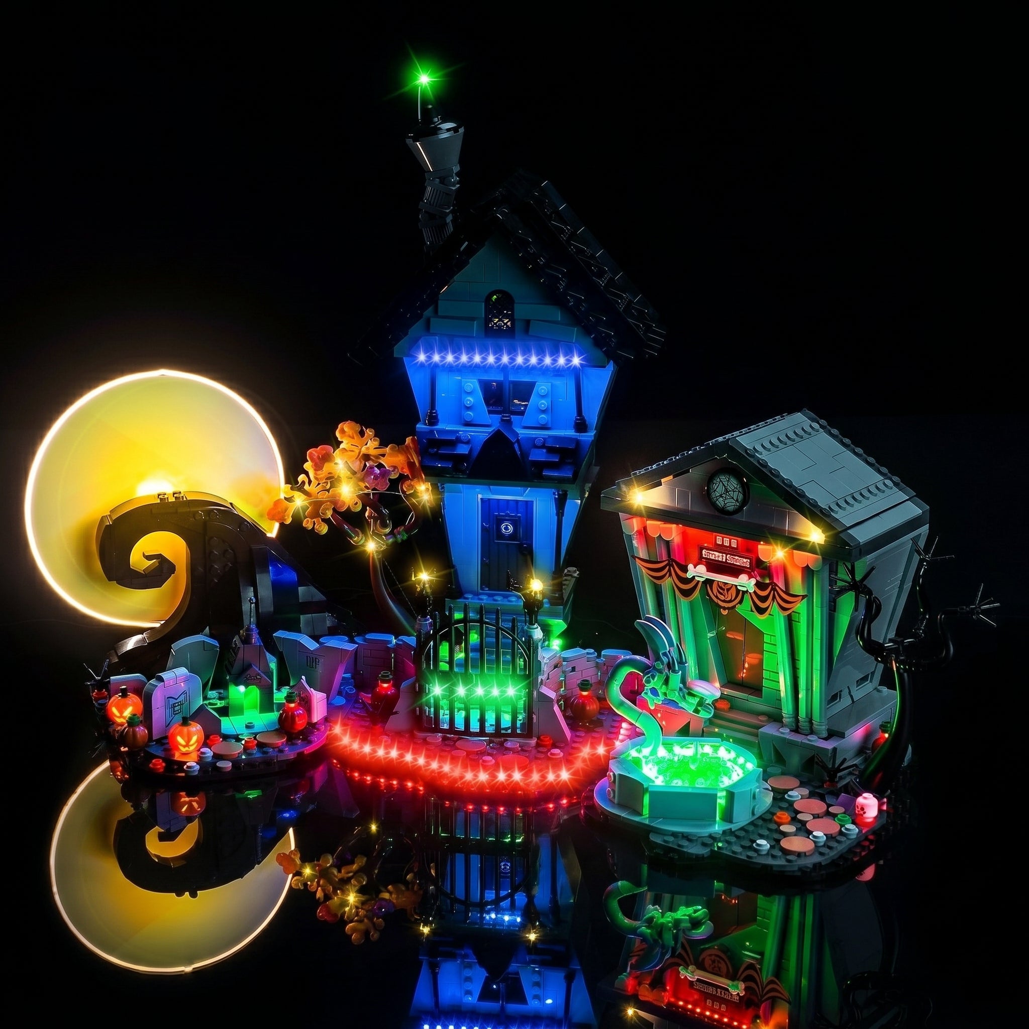 LEGO® Ideas Disney Tim Burton's The Nightmare Before Christmas #21351 close-up of the LED lighting detail, with the light kit