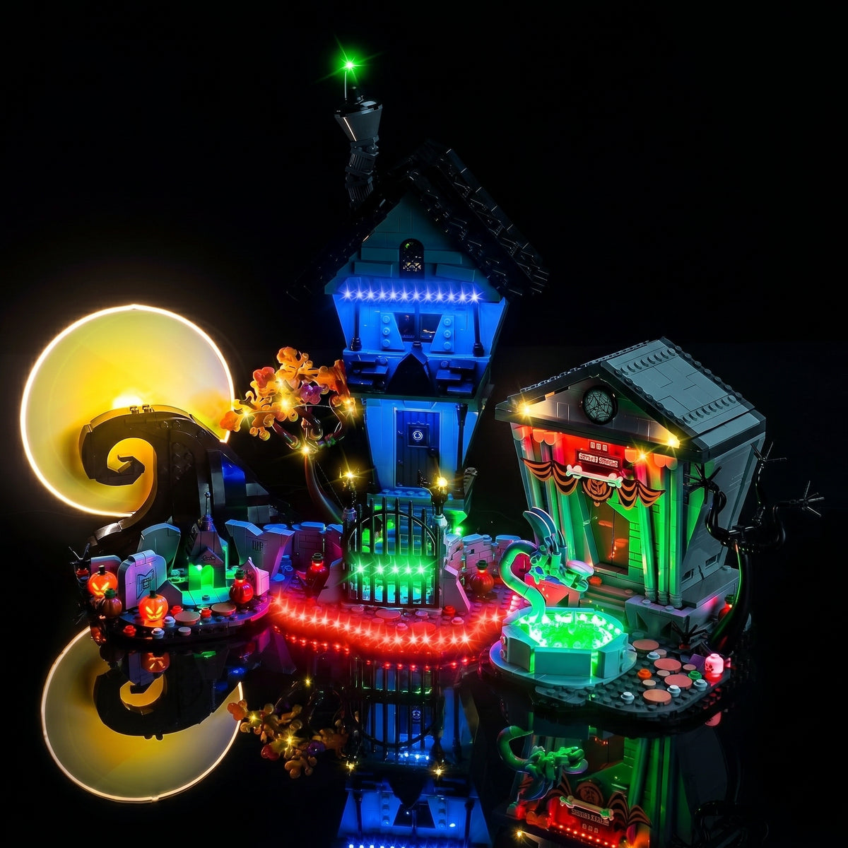 LEGO® Ideas Disney Tim Burton's The Nightmare Before Christmas #21351 close-up of the LED lighting detail, with the light kit