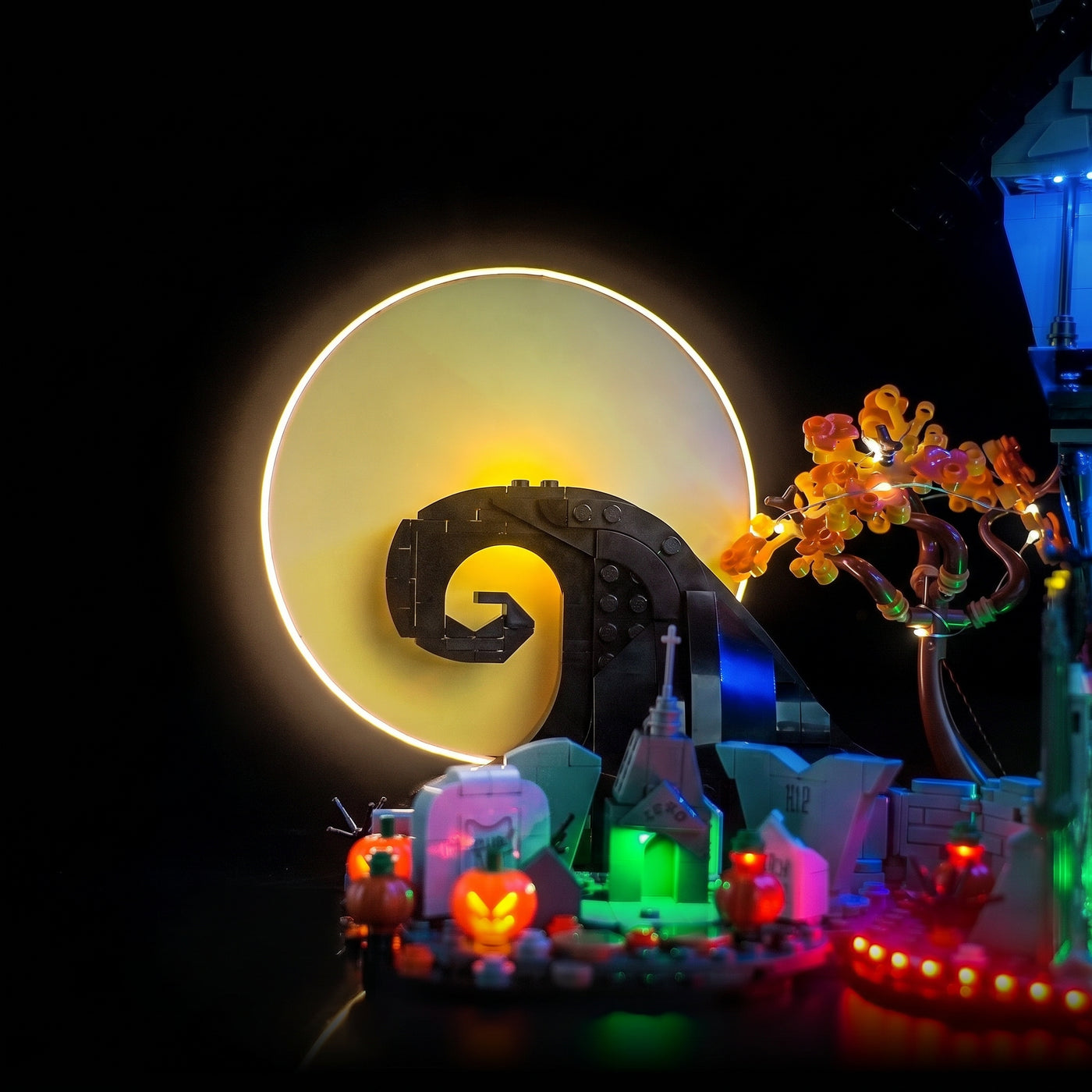 custom LED lighting for LEGO® Ideas Disney Tim Burton's The Nightmare Before Christmas #21351, before-and-after lighting