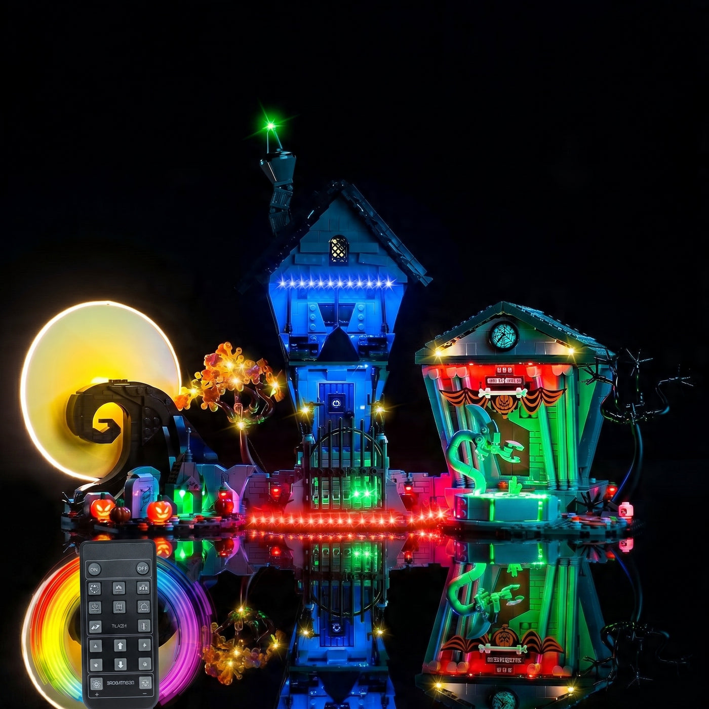 LEGO® Ideas Disney Tim Burton's The Nightmare Before Christmas #21351 LED strips and bricks detail, with the light kit
