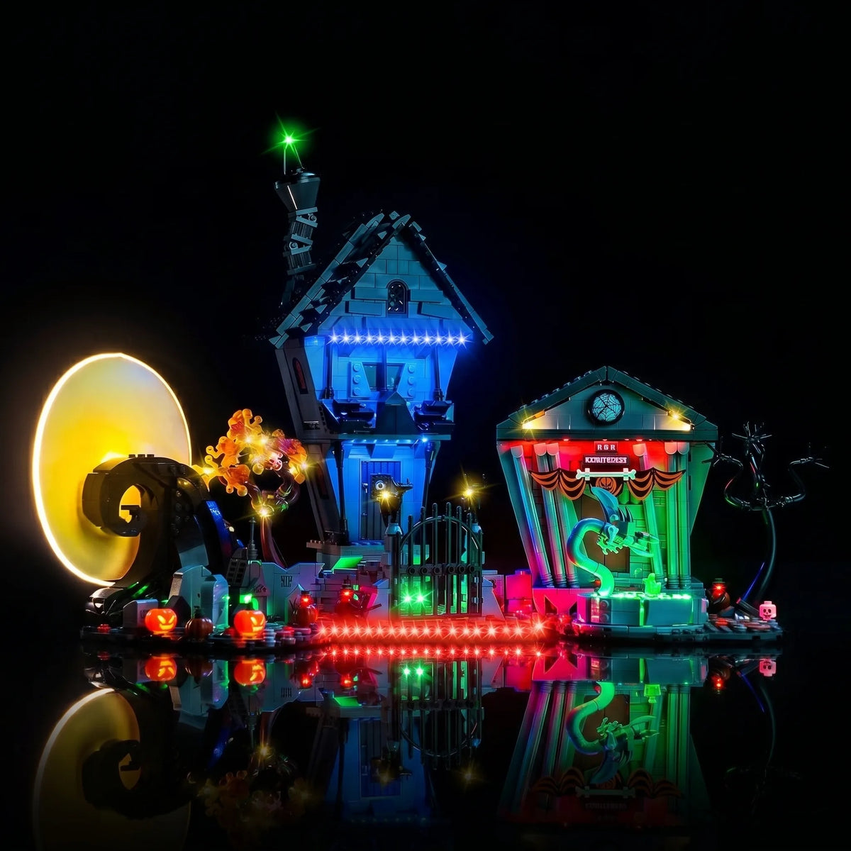 LEGO® Ideas Disney Tim Burton's The Nightmare Before Christmas #21351 LED strips and bricks detail, with the LED lighting kit