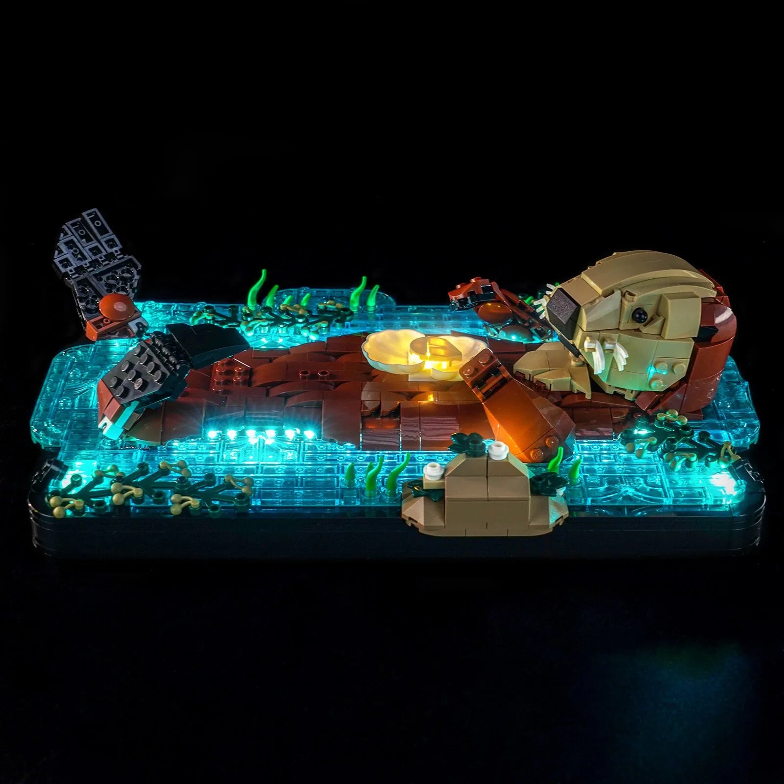 LEGO® Ideas Floating Sea Otters #21366 brightened interior detail, with the LED lights