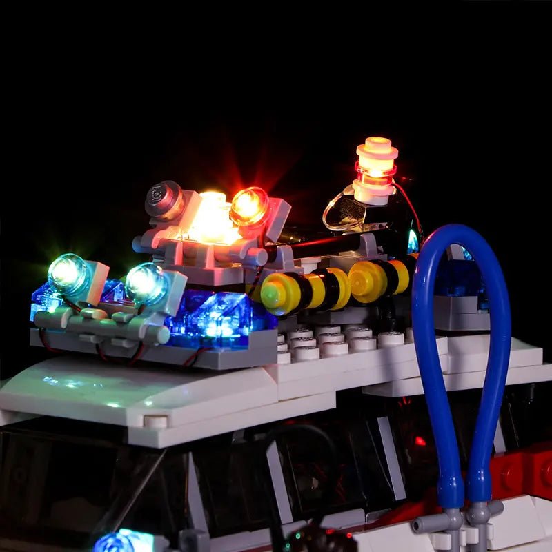 LEGO® Ideas Ghostbusters Ecto-1 #21108 — side angle with lights on (LED lighting kit)