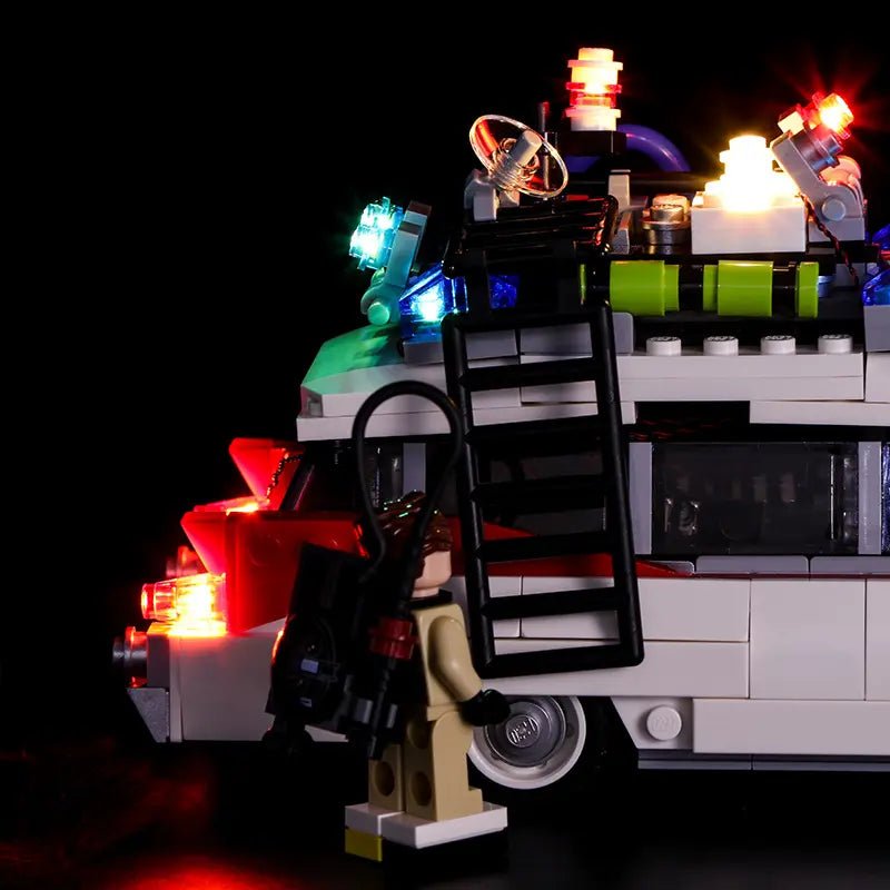 LEGO® Ideas Ghostbusters Ecto-1 #21108 LED kit powered on, with the LED lights