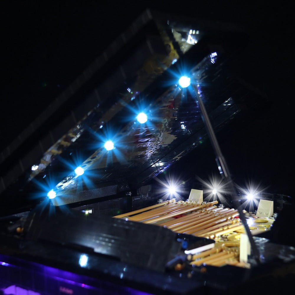 LEGO® Ideas Grand Piano #21323 LED kit powered on, with the USB-powered LED light kit