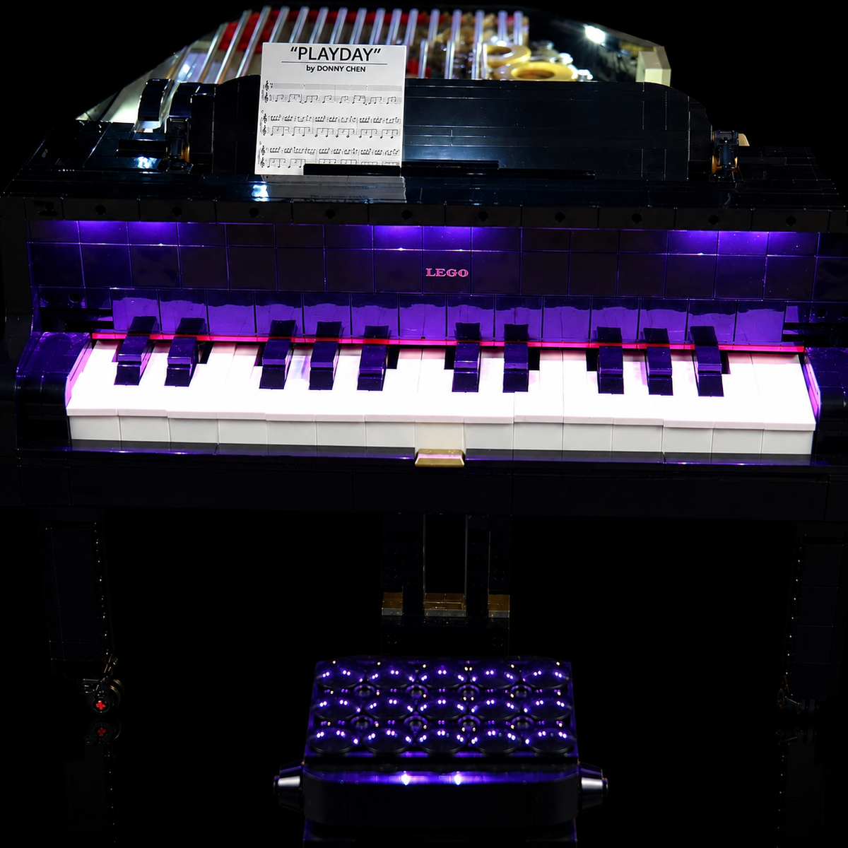 LEGO® Ideas Grand Piano #21323 warm LED glow detail, with the premium LED light kit