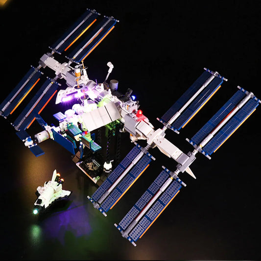 LEGO® Ideas International Space Station #21321 installed and glowing, with the custom LED lighting