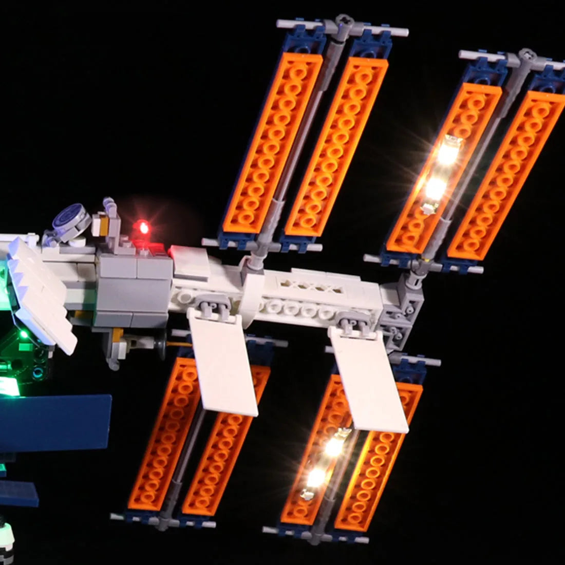 LEGO® Ideas International Space Station #21321 before-and-after lighting, with the custom LED lighting