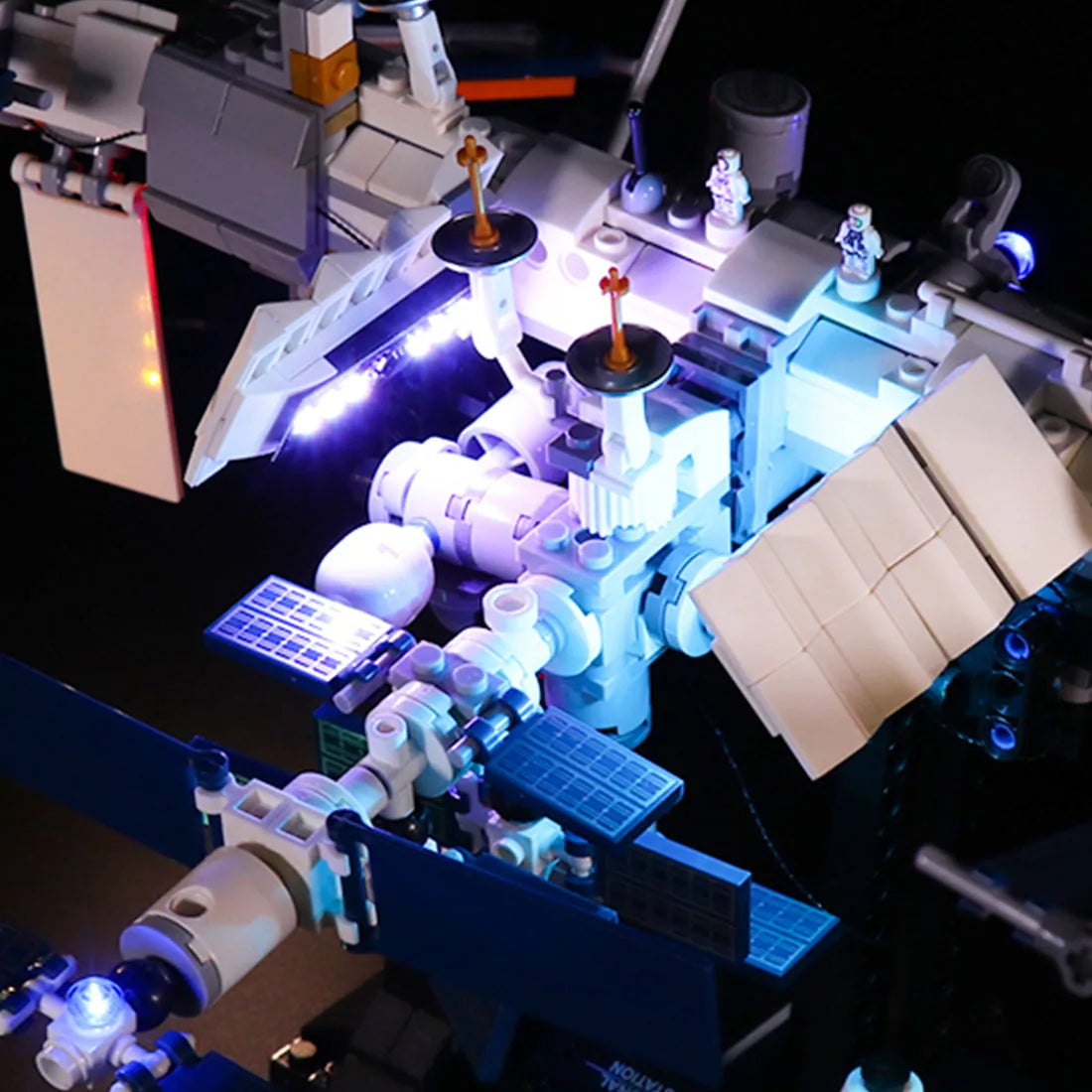 LEGO® Ideas International Space Station #21321 warm LED glow detail, with the USB-powered LED light kit