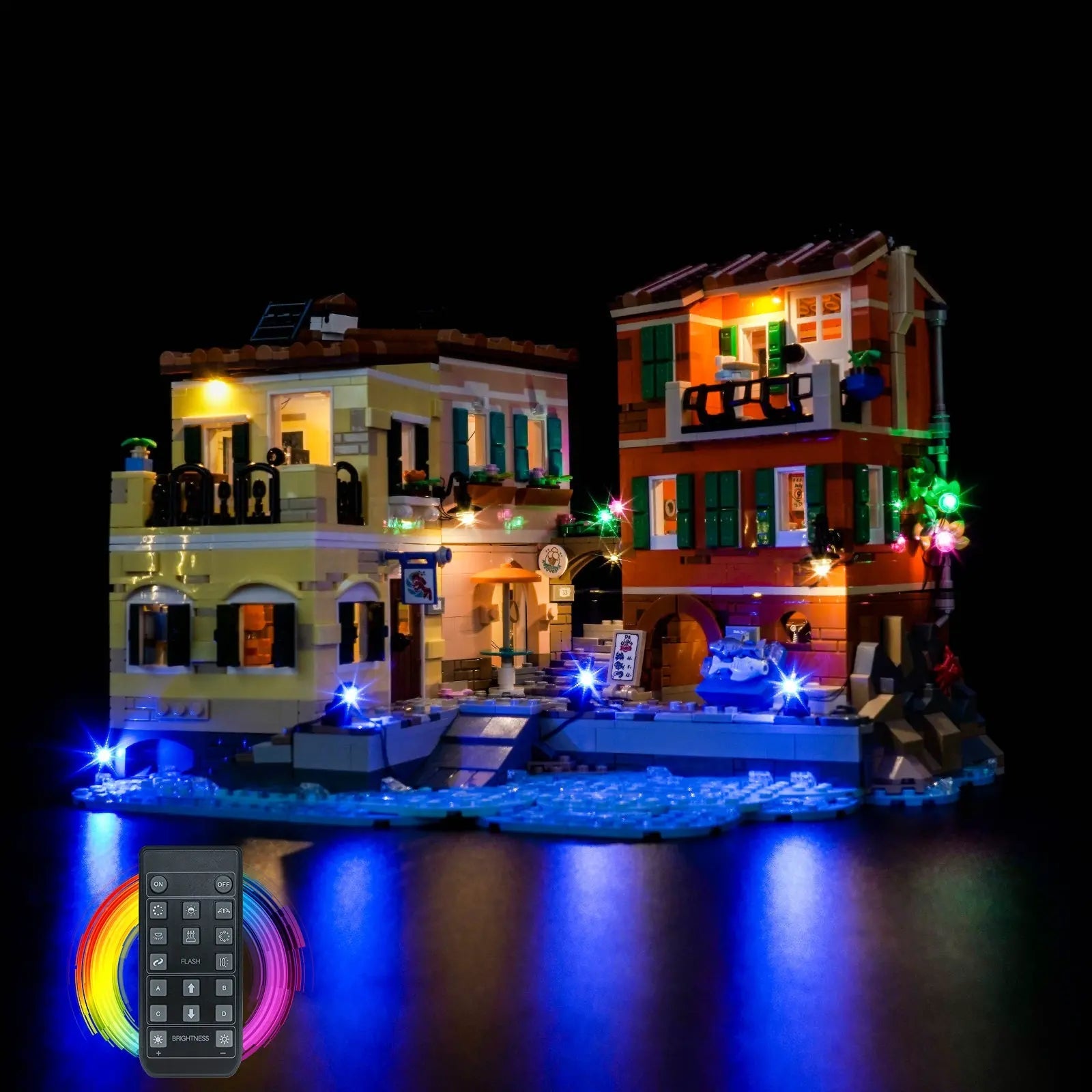 LEGO Ideas Italian Riviera #21359 illuminated at night