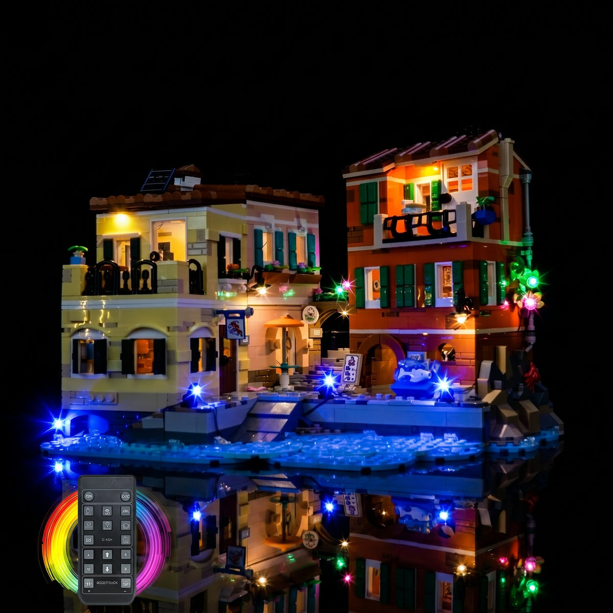 before-and-after lighting: Bright My Bricks LED light kit for LEGO® Ideas Italian Riviera #21359