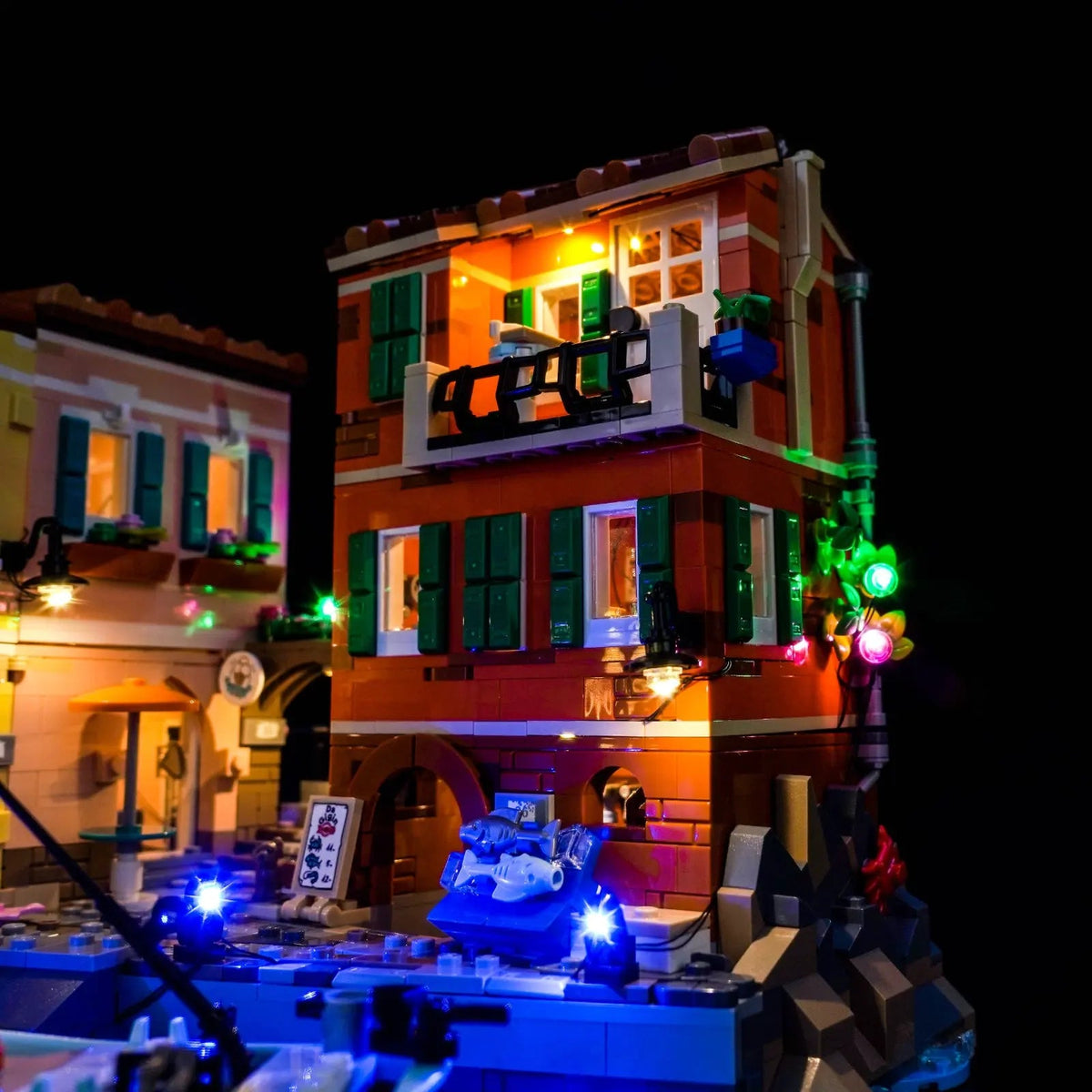 custom LED lighting for LEGO® Ideas Italian Riviera #21359, illuminated at night