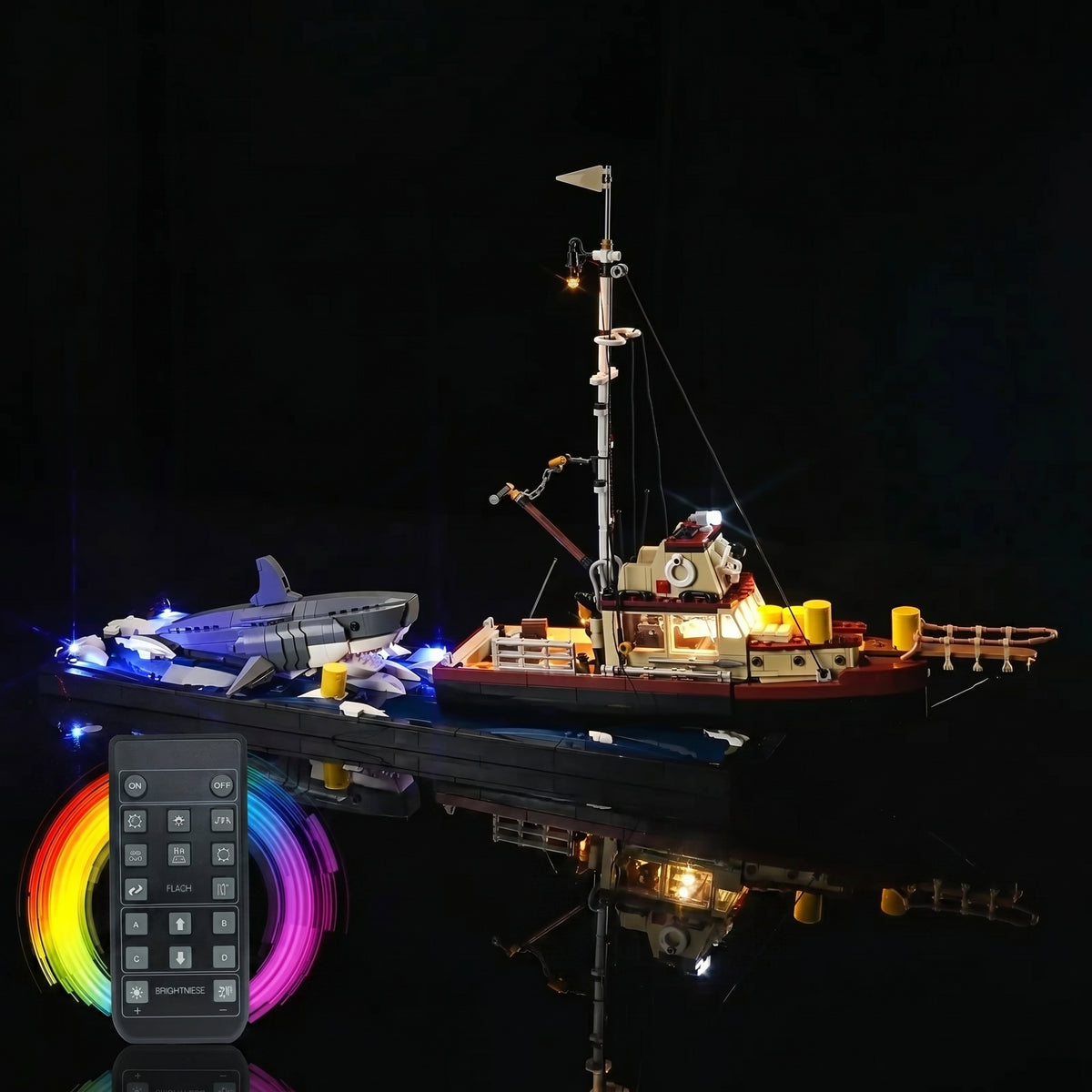 installed and glowing: Bright My Bricks light kit for LEGO® Ideas Jaws #21350