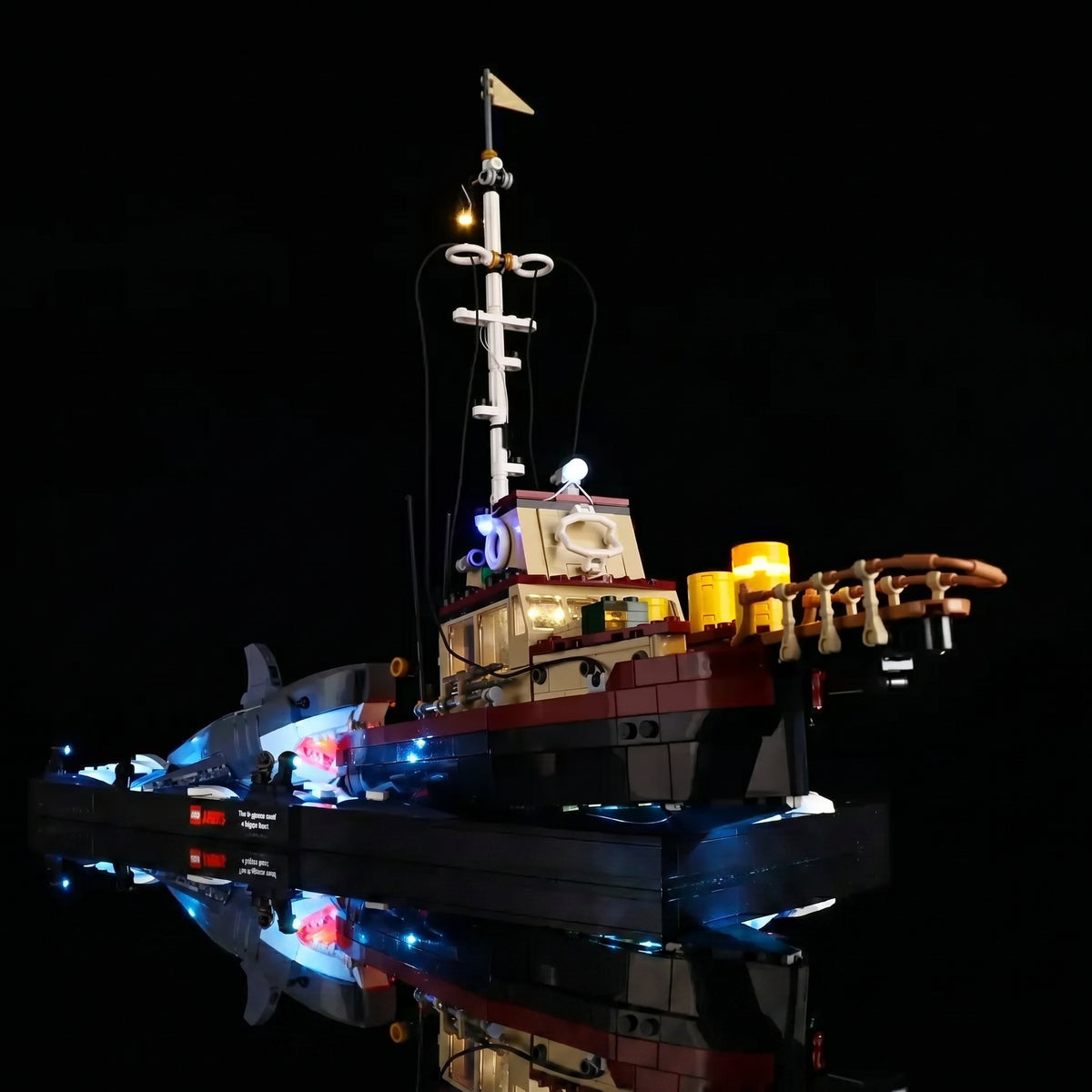 LEGO® Ideas Jaws #21350 installed and glowing, with the premium LED light kit