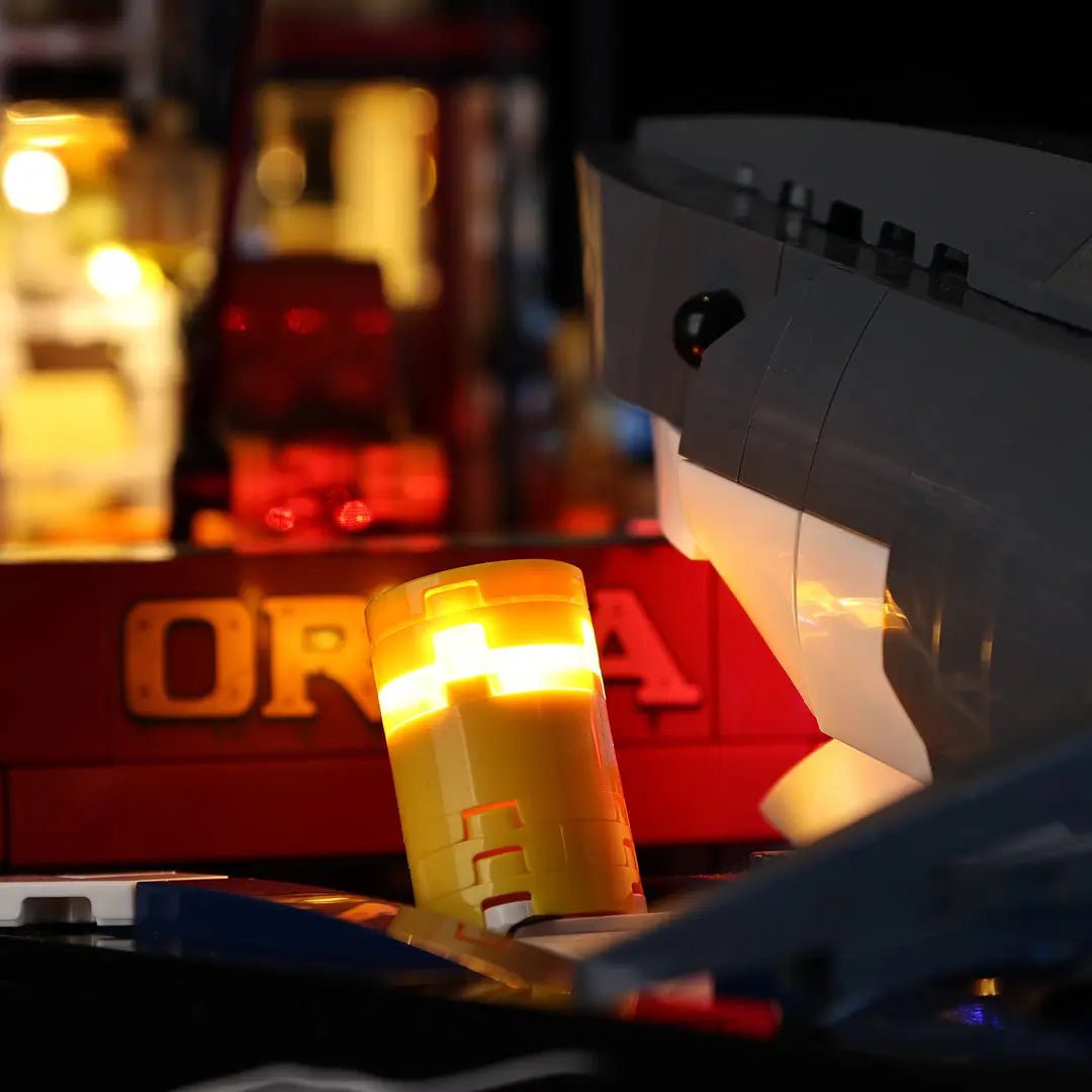 Bright My Bricks LED light kit for LEGO® Ideas Jaws #21350 — installed and glowing