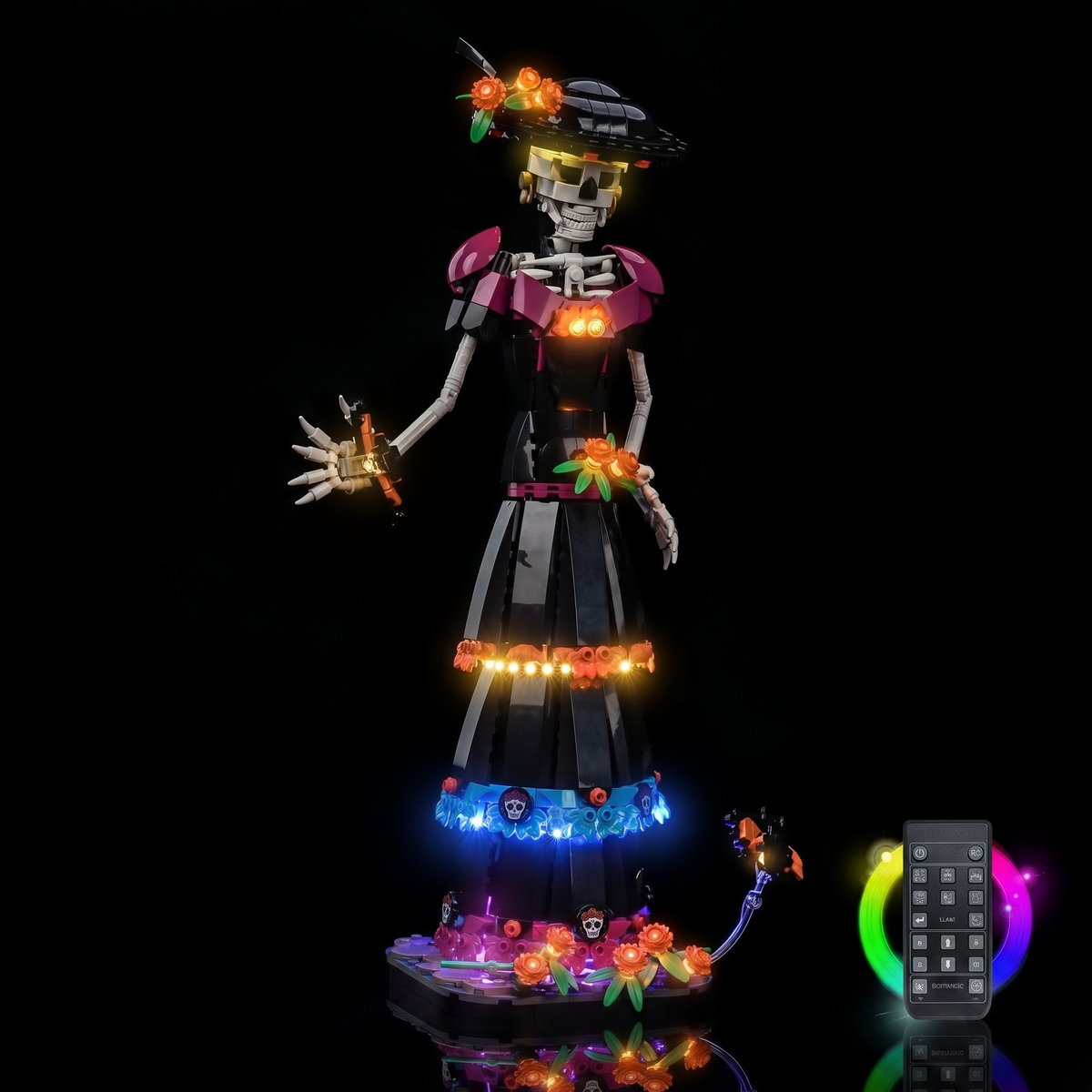 LEGO® Ideas La Catrina #21372 display lighting in a dark room, with the USB-powered LED light kit