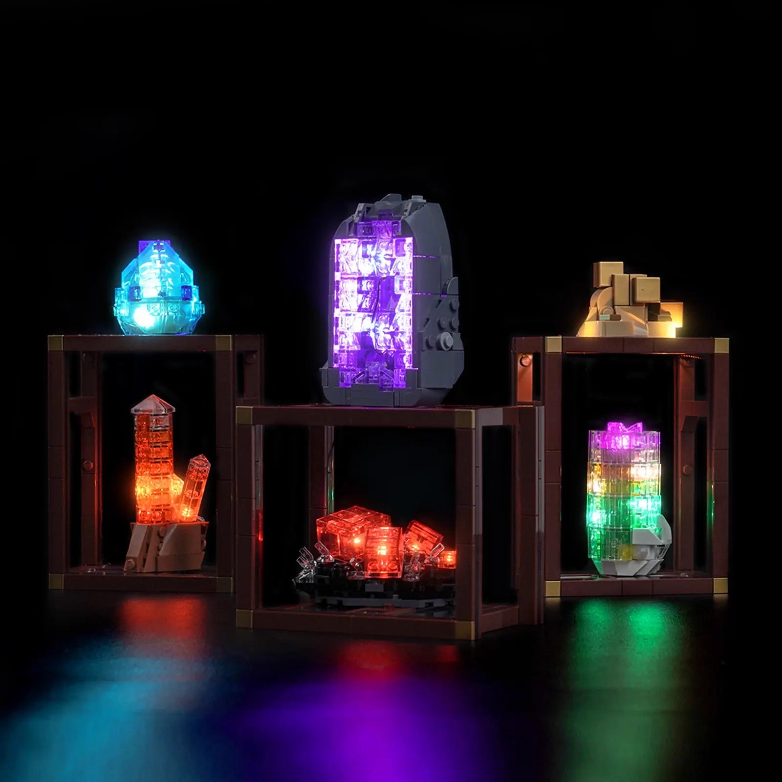 A warm golden light enhances the metallic luster of the LEGO pyrite cluster in the Mineral Collection 21362.