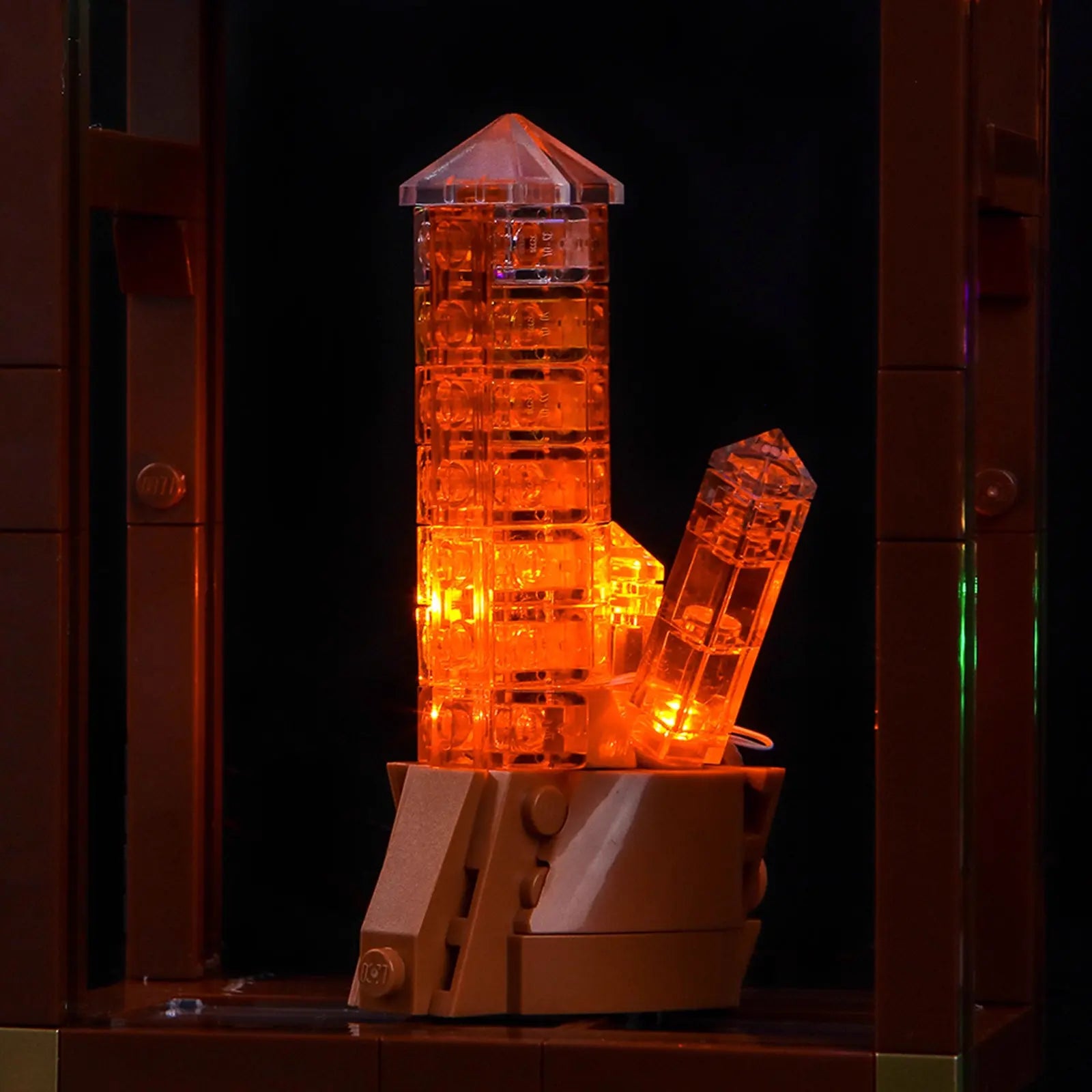 In a dark room, the glowing LEGO minerals are the only light source, creating a breathtaking and educational display.