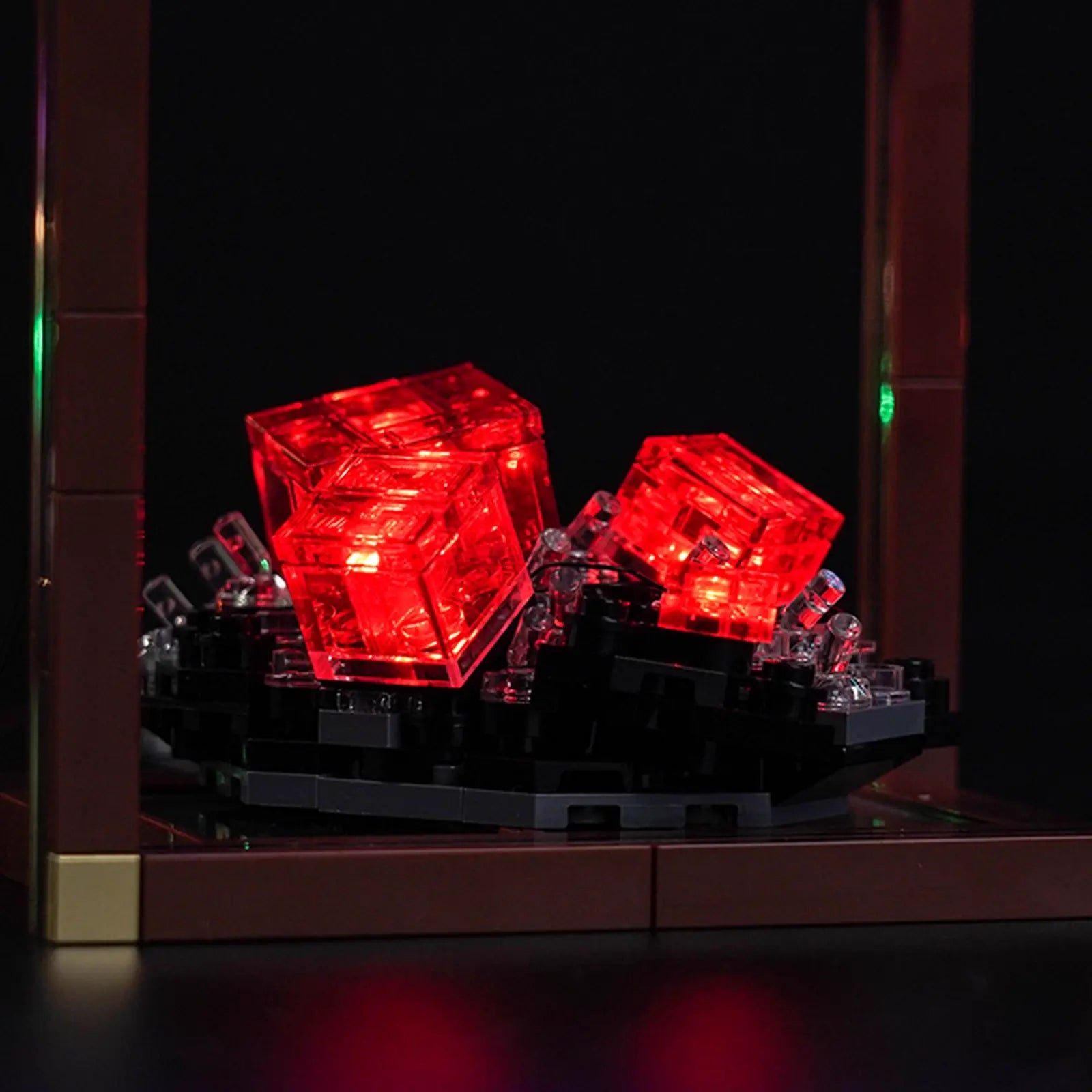 A subtle backlighting technique from our kit makes each LEGO mineral appear to glow naturally from its display stand.