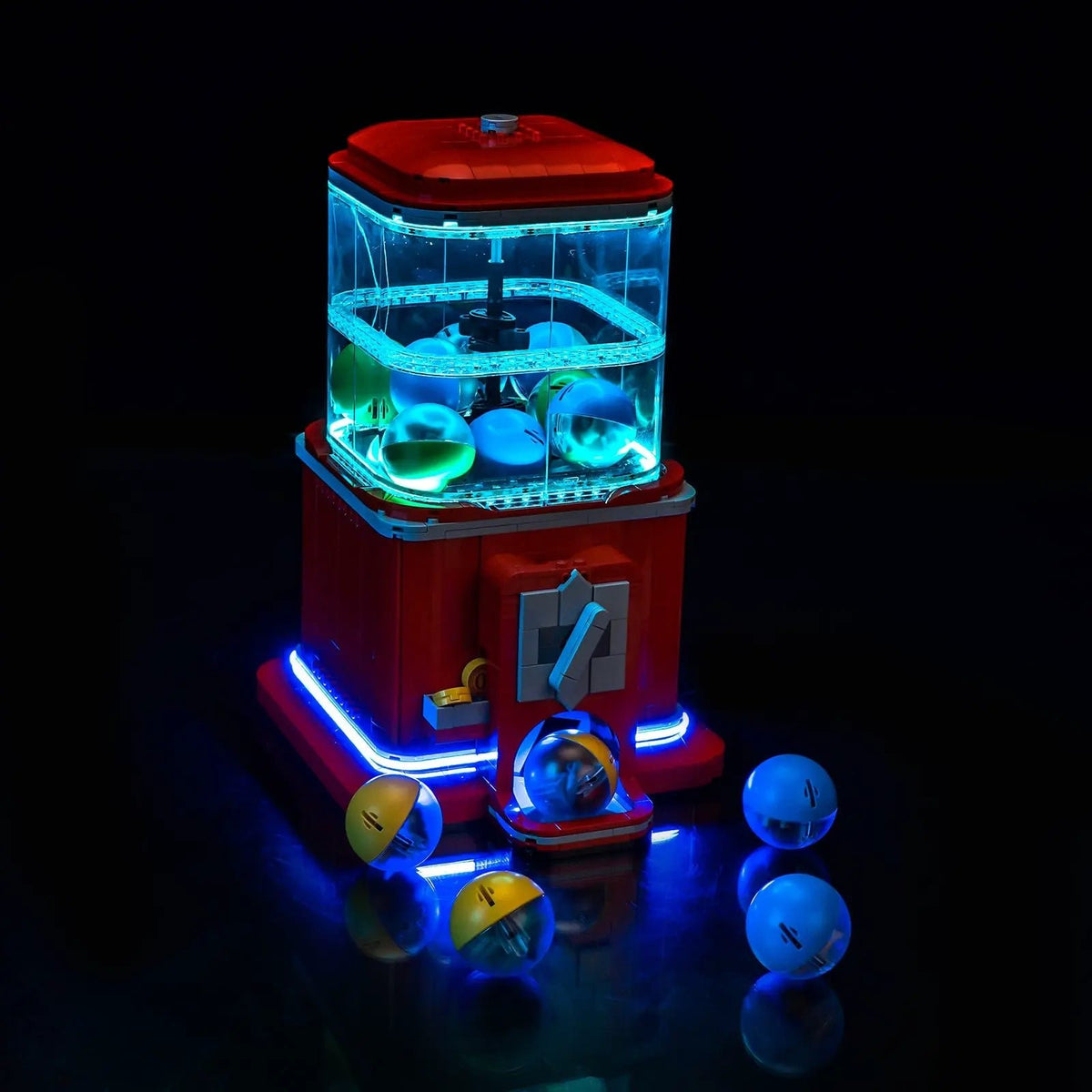 LEGO® Ideas Minifigure Vending Machine #21358 — fully illuminated on display (premium LED light kit)