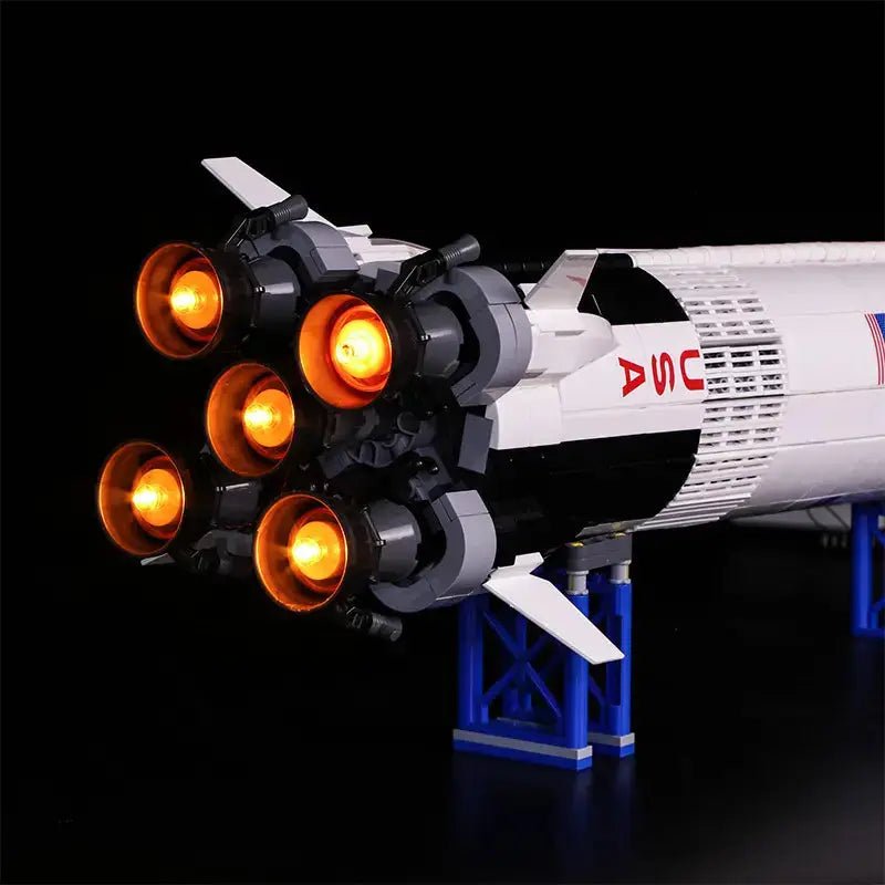 LEGO® Ideas NASA Apollo Saturn V #21309 display lighting in a dark room, with the display light kit