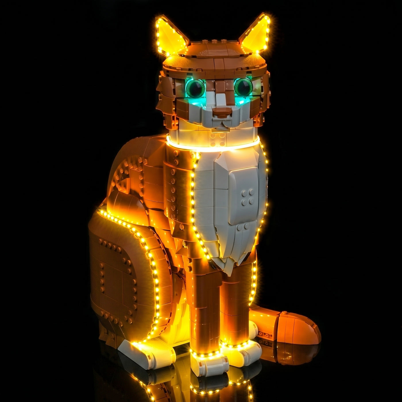 LEGO® Ideas Orange Cat #21376 brightened interior detail, with the RGB LED light kit