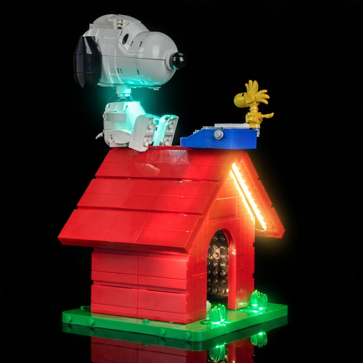 LEGO® Ideas Peanuts Snoopy's Doghouse #21368 brightened interior detail, with the LED lighting kit