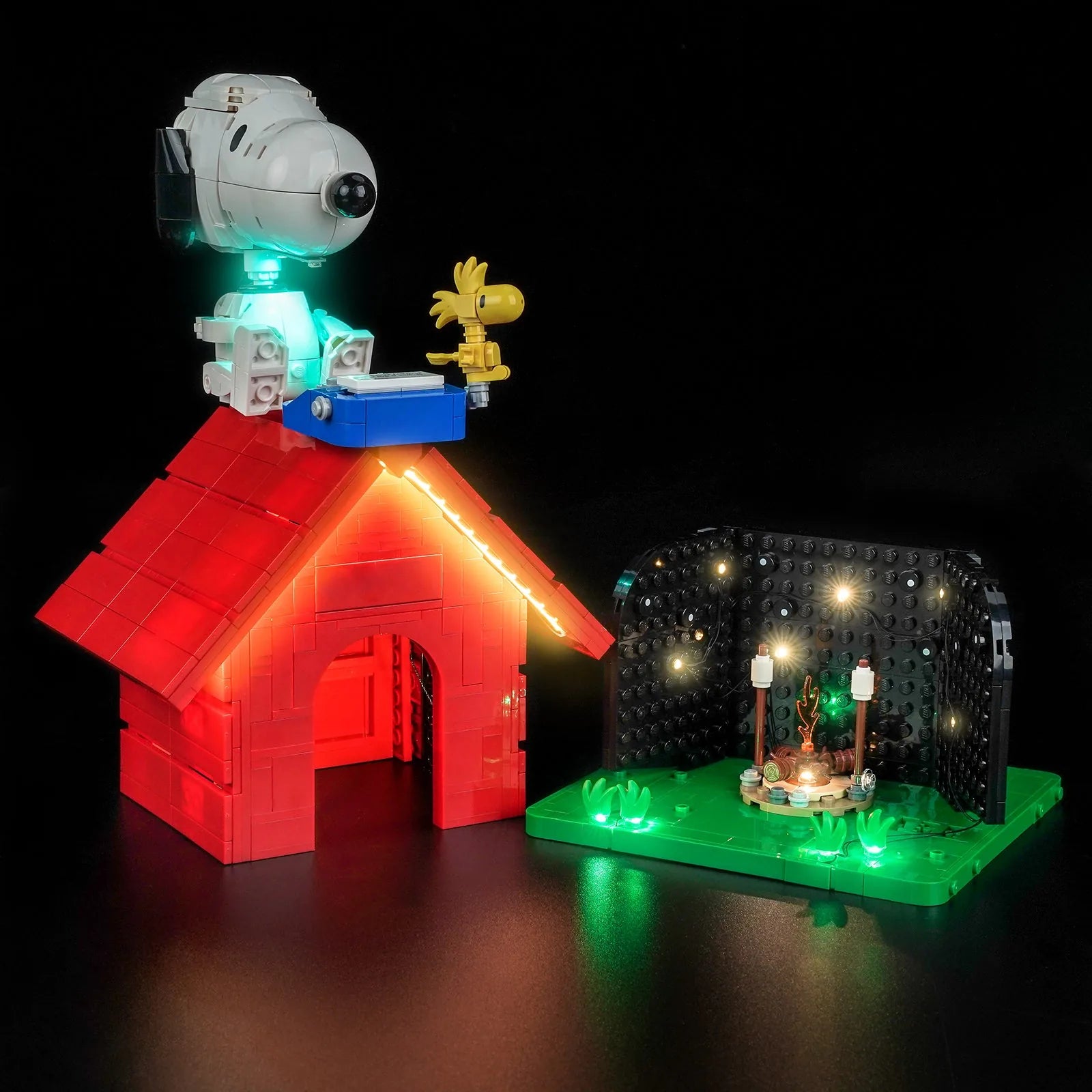LEGO Ideas Peanuts Snoopy's Doghouse #21368 illuminated at night