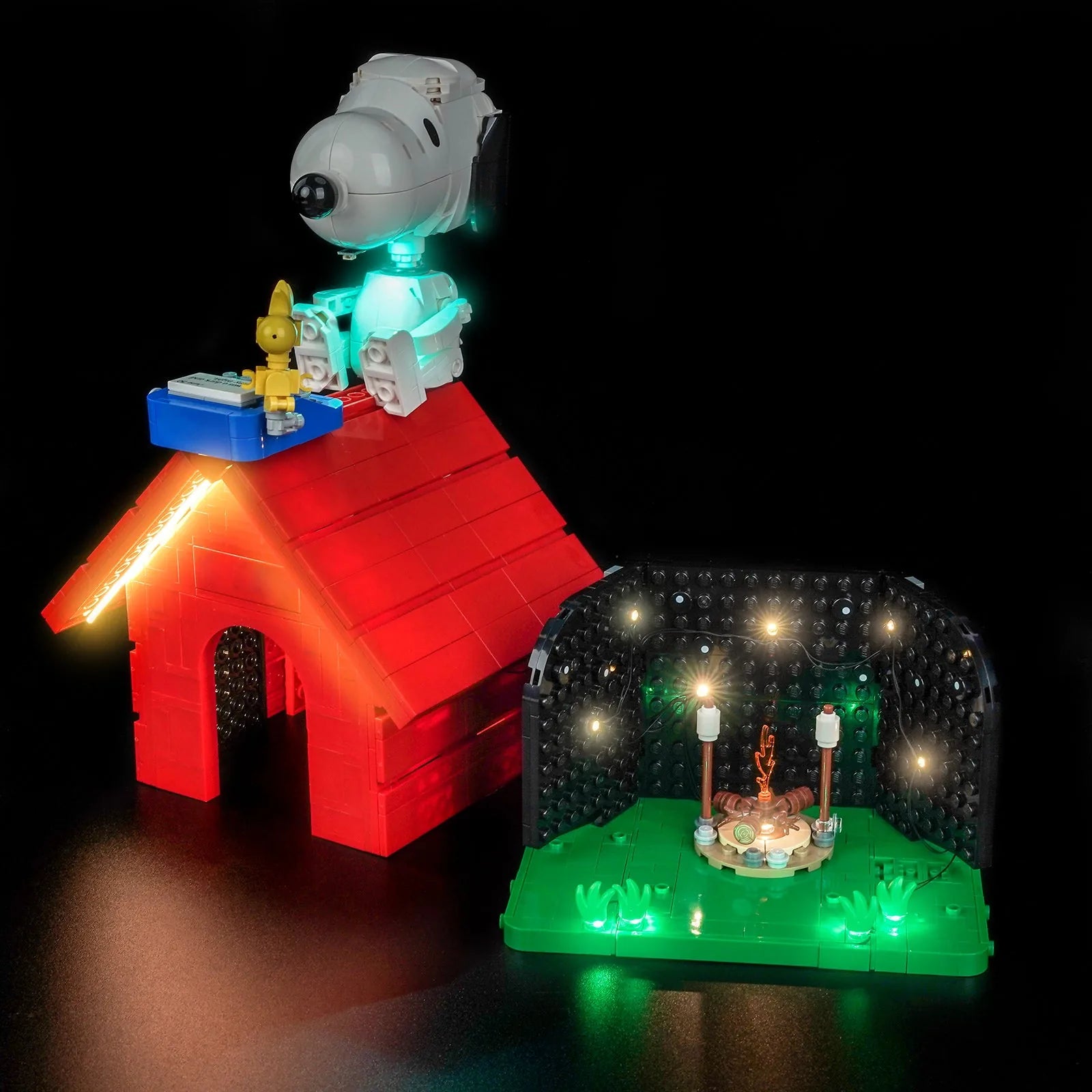 Close-up of LED lights on LEGO Ideas Peanuts Snoopy's Doghouse #21368