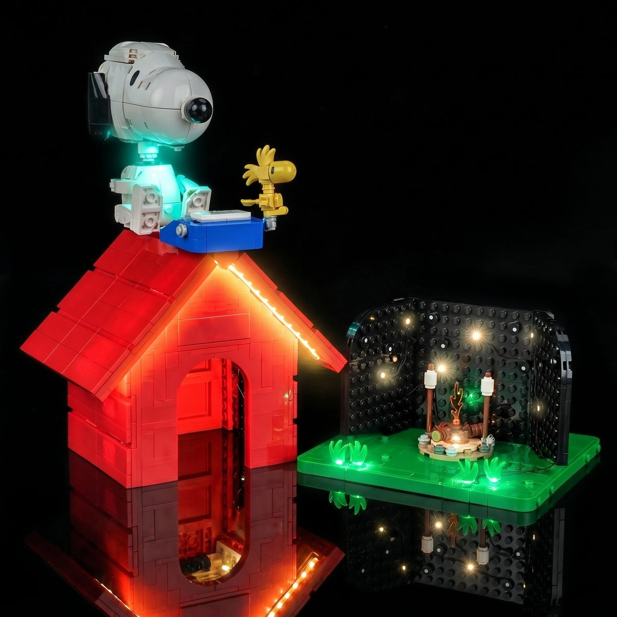 LEGO® Ideas Peanuts Snoopy's Doghouse #21368 close-up of the LED lighting detail, with the USB-powered LED light kit