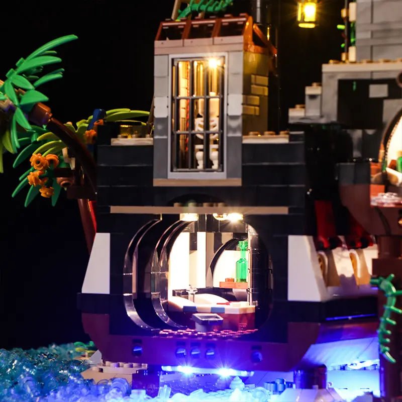 Bright My Bricks DIY LED light kit for LEGO® Ideas Pirates of Barracuda Bay #21322 — illuminated at night