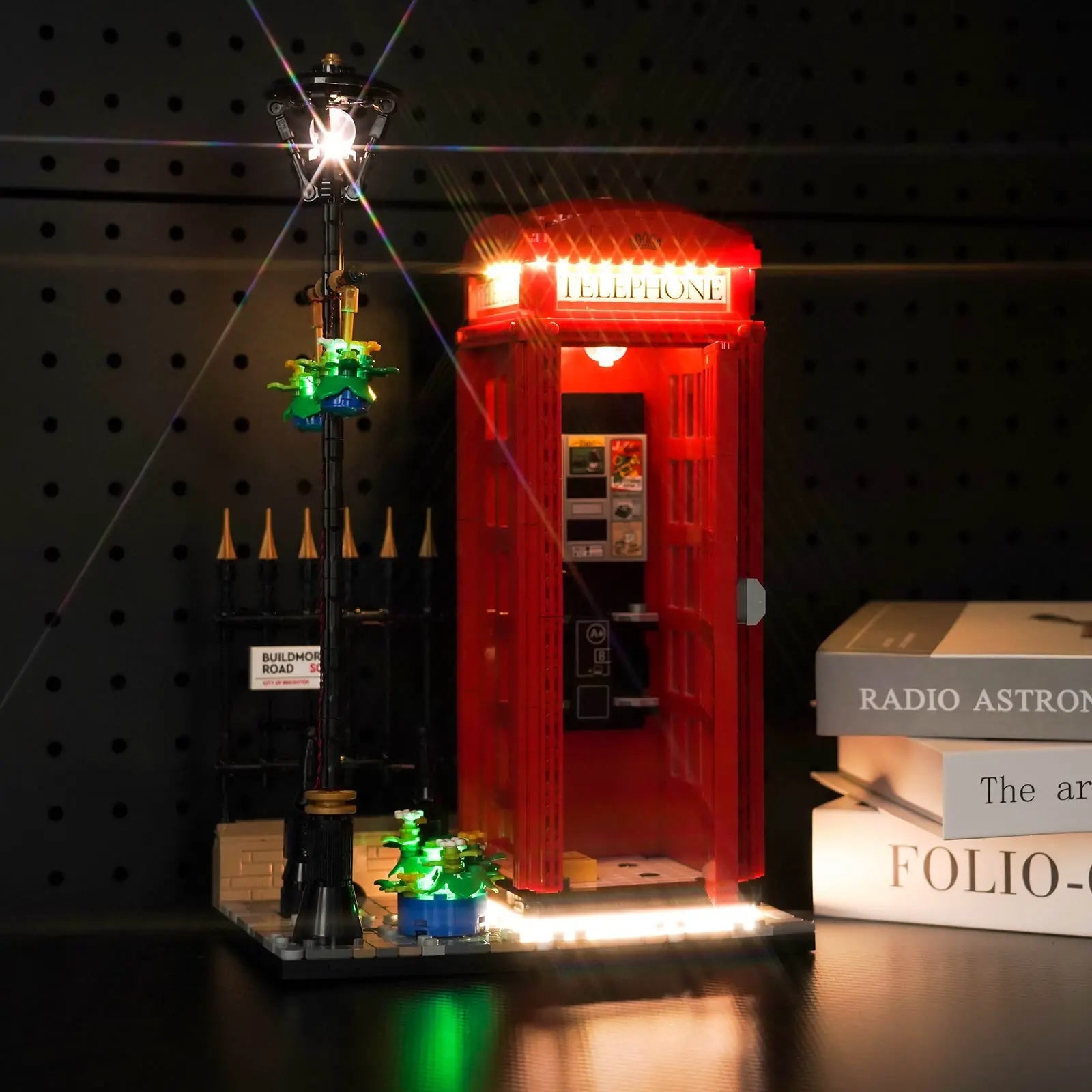 Close-up of LED lights on LEGO Ideas Red London Telephone Box #21347