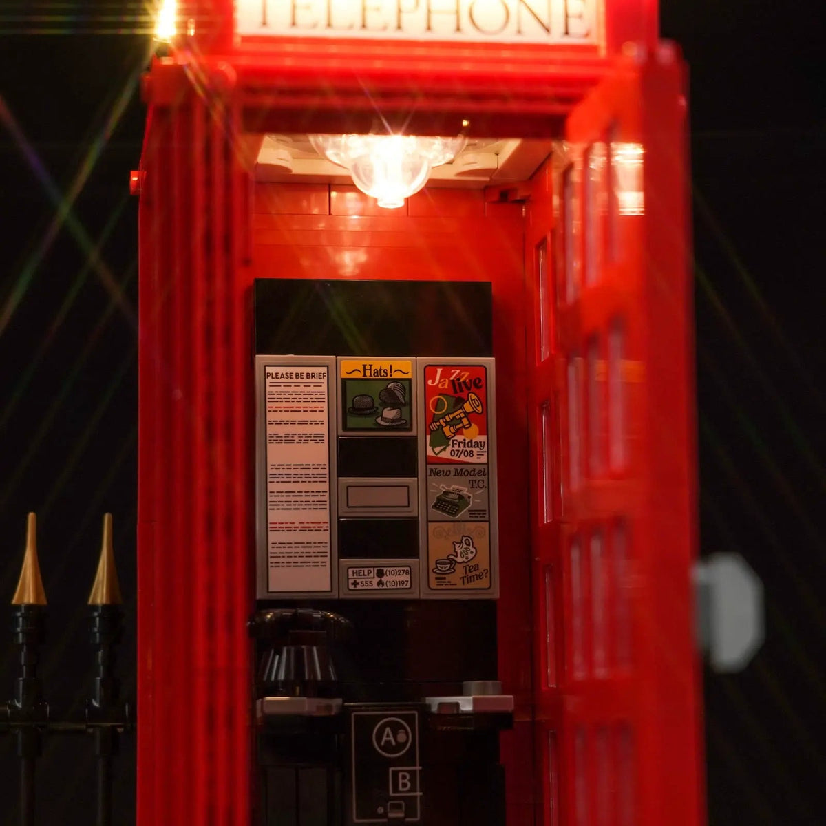 LEGO® Ideas Red London Telephone Box #21347 — front view fully lit (custom LED lighting)
