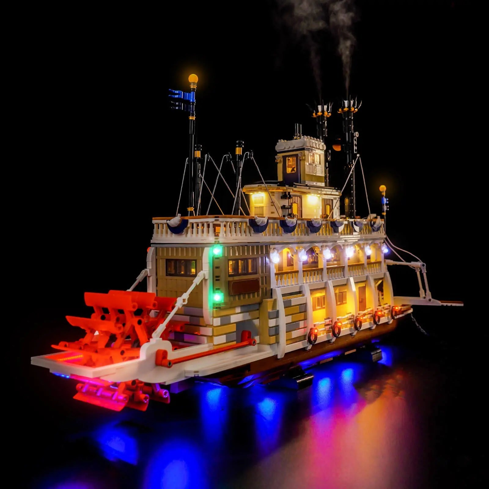 LEGO® Ideas River Steamboat #21356 LED kit powered on, with the display light kit